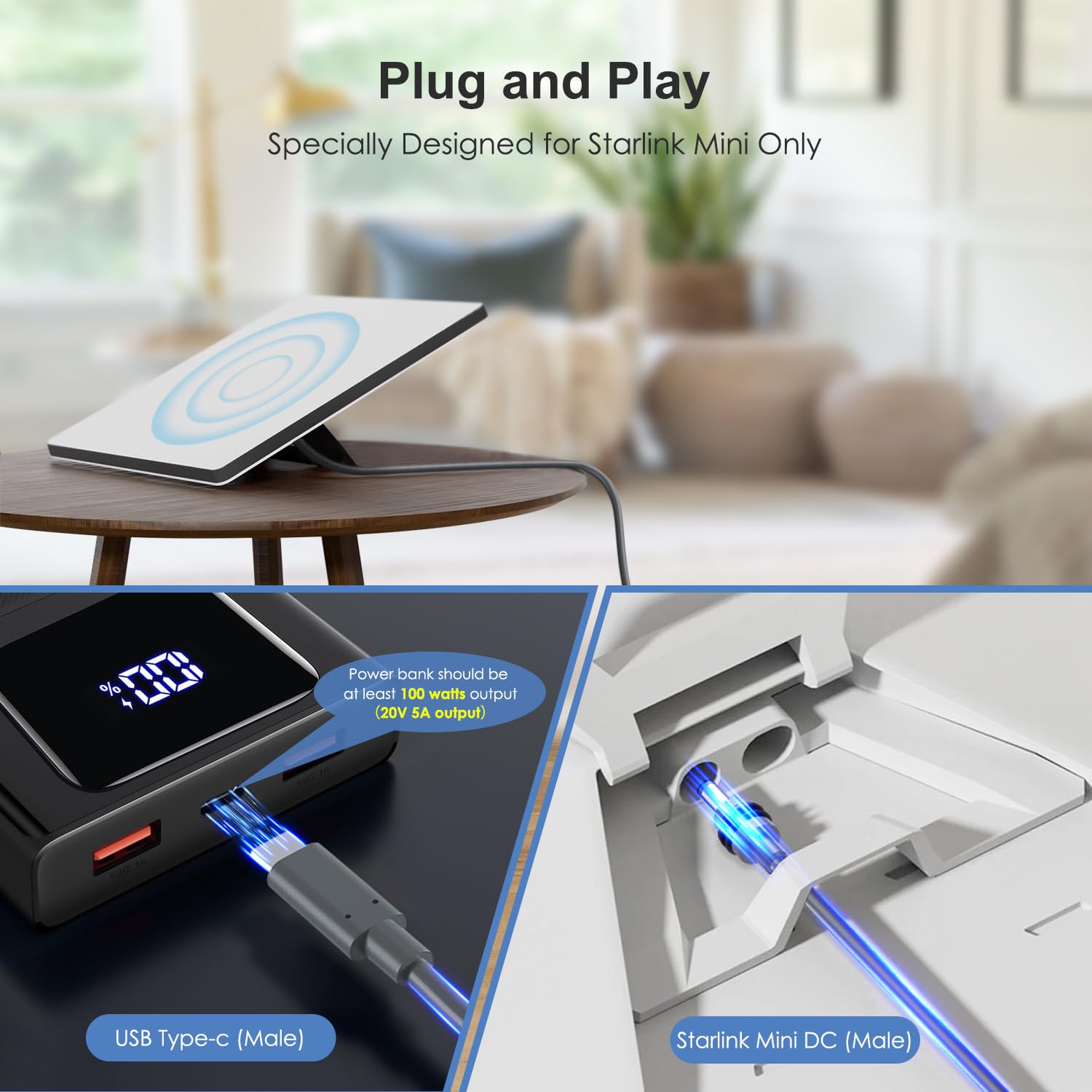 Starlink Mini kabel zasilający USB C na DC, 40 m, niezbędne akcesoria mini ze złączem USB typu C, wodoodporny przewód USB-C na DC, 5 m, kompatybilny z powerbankiem 100 W i ładowarką PD