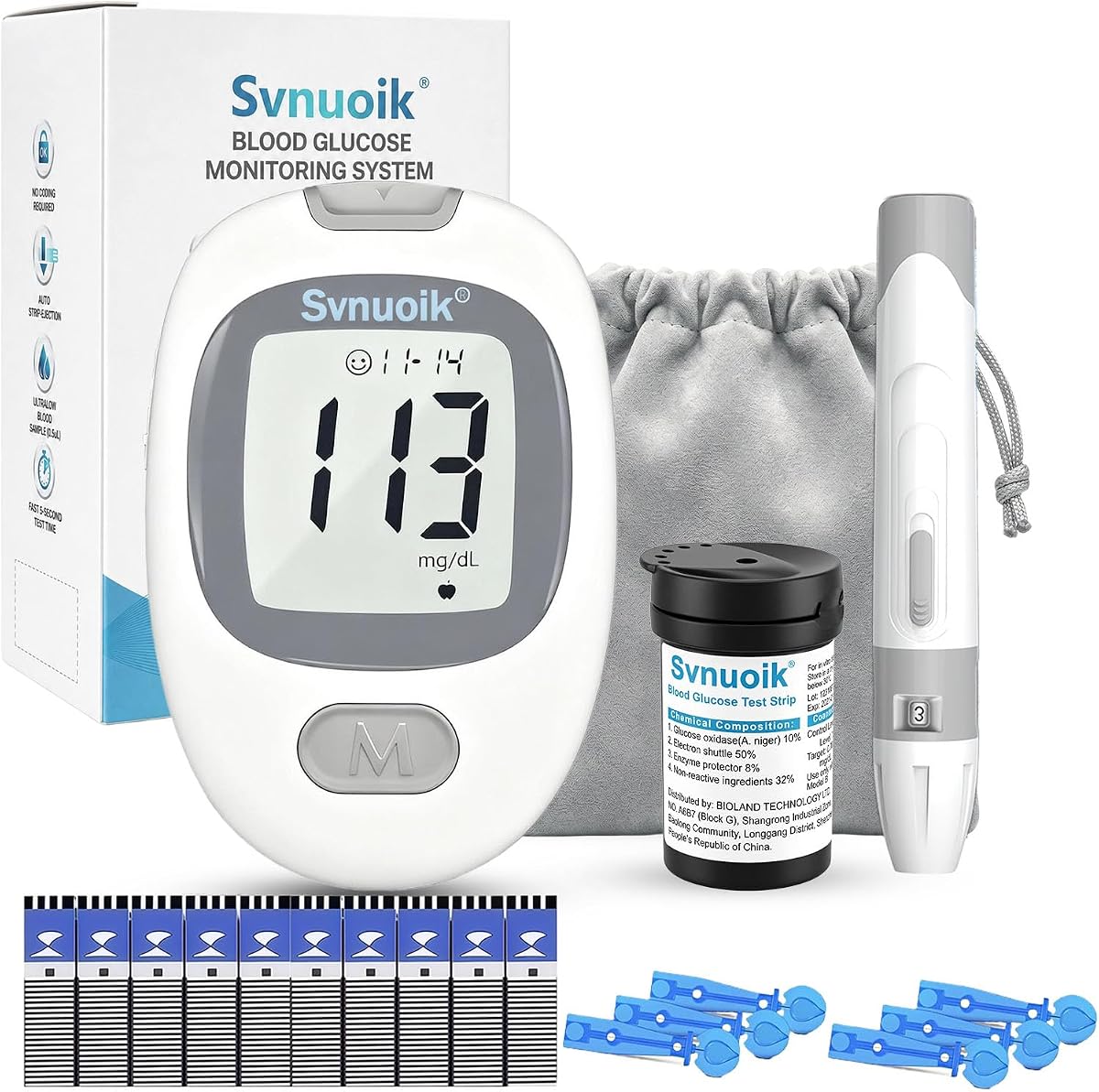 G-430 Blood Glucose Monitor Kit, 50 Test Strips, 50 Lancets | No-coding blood sugar testing kit with 5-second results, 0.7 µL sample, meal markers, 500-reading memory, and strip ejector.
