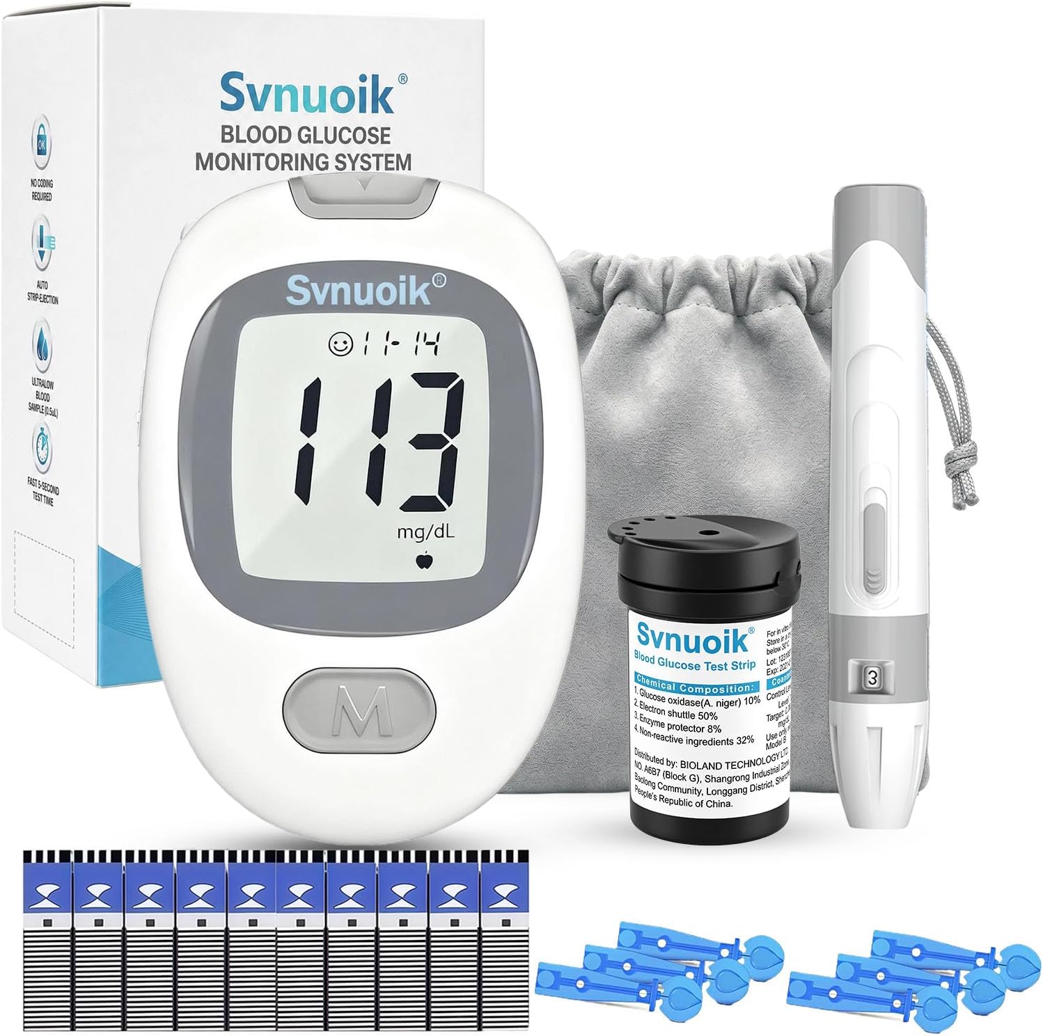 Svnuoik G-430 Blood Glucose Monitor Kit, 50 Test Strips, 50 Lancets