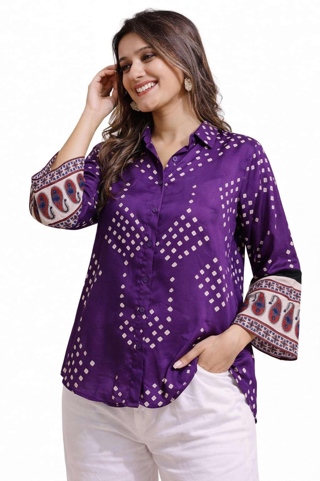 Women's Printed Shirt, Long Sleeve, Embroidered Cuffs, Collared Neck, Casual Ethnic Wear (in, Alpha, M, Regular, Red-Ajrakh)-picture-27