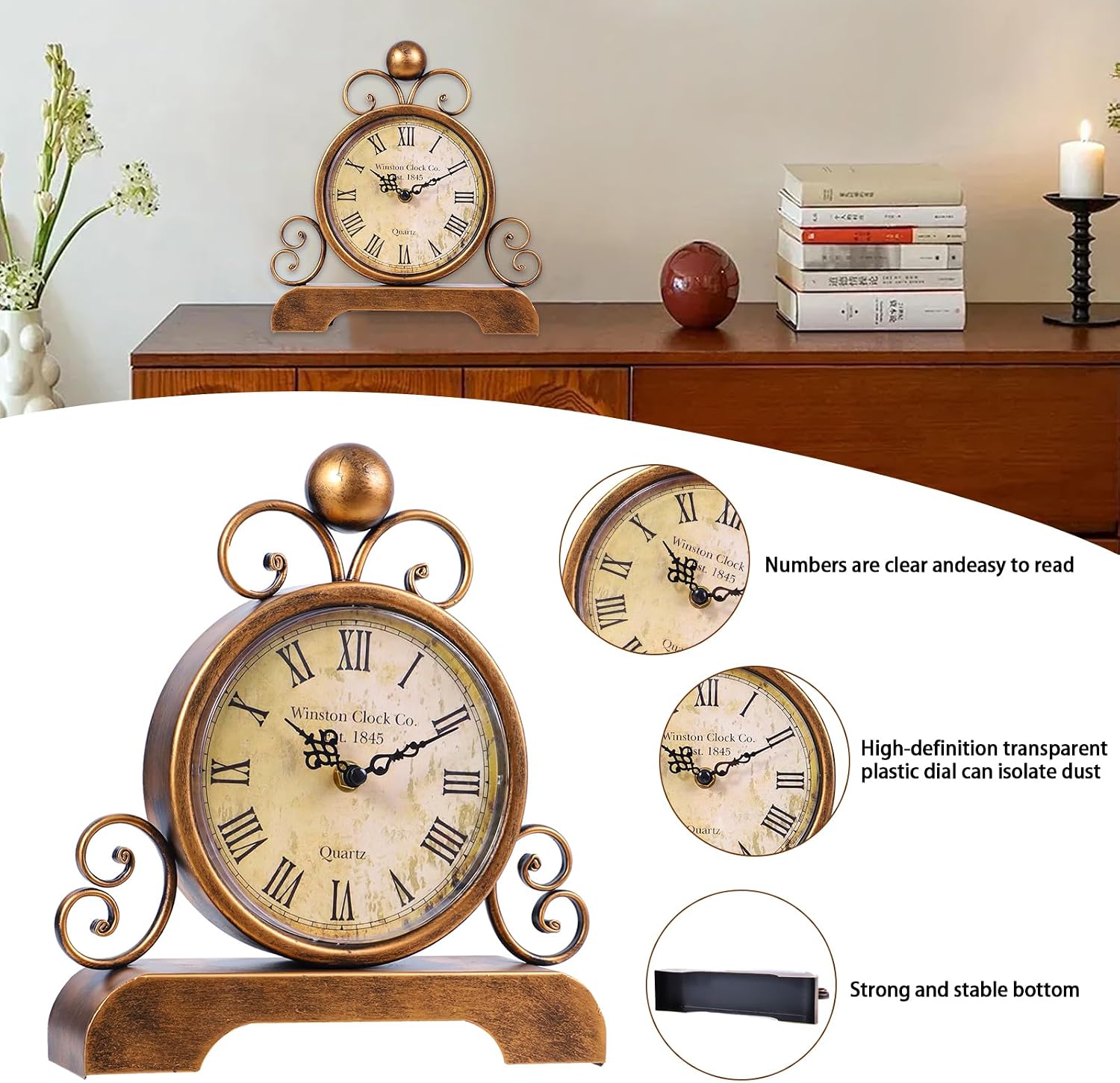 Mantel Clocks Retro Mantel Clock Battery Operated Silent Farmhouse Shelf Clock for Living Room Bedroom Office Fireplace Mantel Desktop Decoration (Gold)