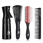 BRUSHZOO Detangling Brush with Hair Spray Bottle, Wide Tooth Comb for Women, Men, and Kids - 9 Row Brush with Detangler for Natural 3/4abc Curly Hair