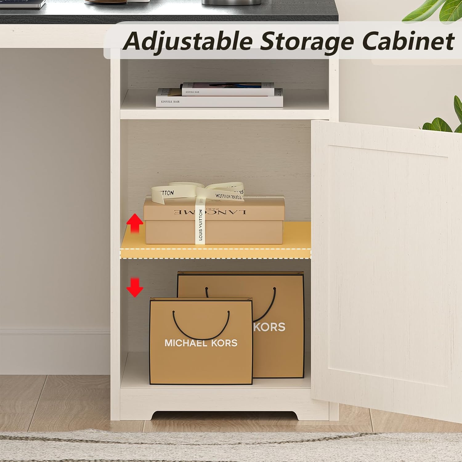 YOMILUVE 63" Farmhouse L Shaped Executive Desk with Drawers & Storage Shelf, Corner Computer Desk with Power Outlets, L Shaped Office Desk with Monitor Stand, Printer Shelf, Black and White thumbnail