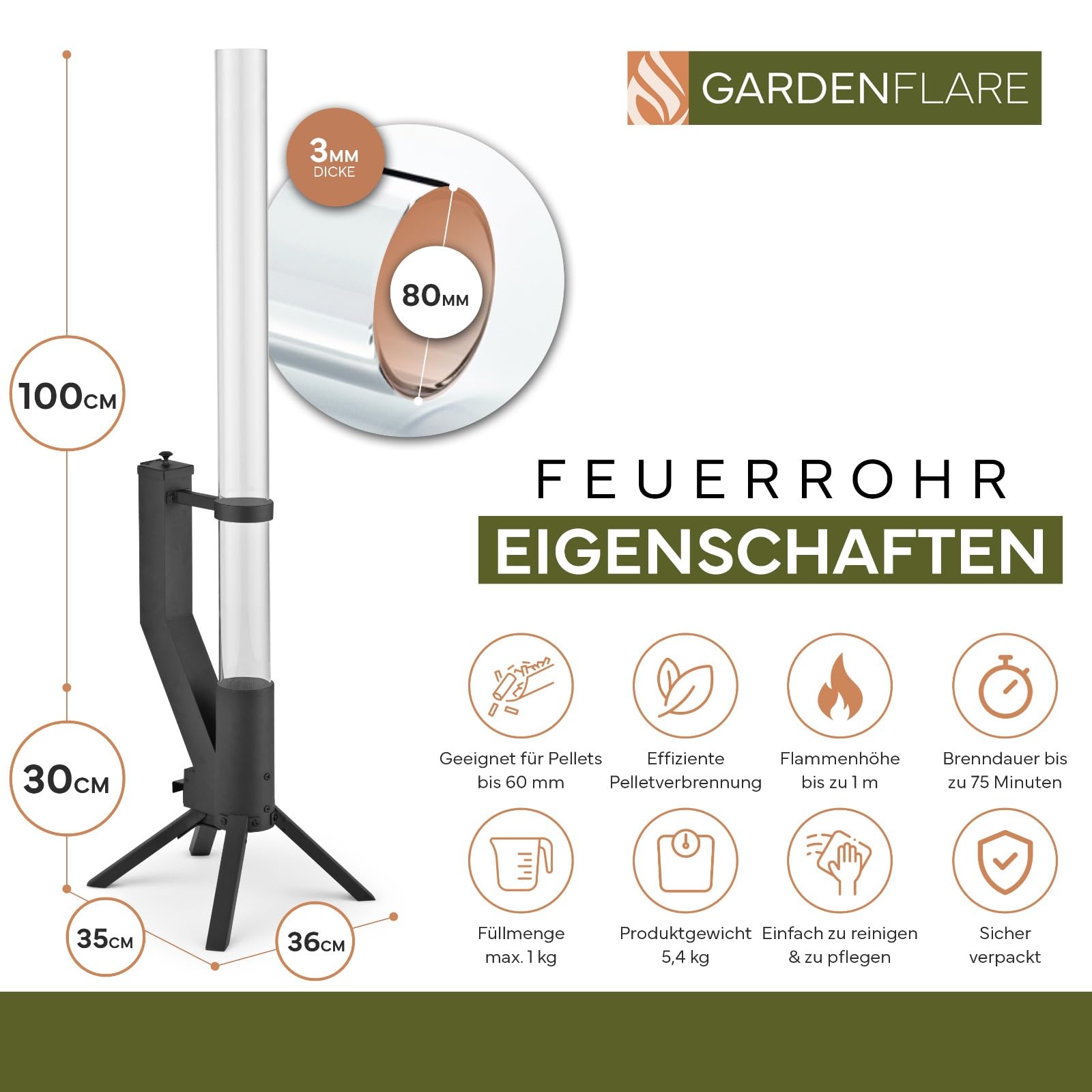 GARDENFLARE Feuerrohr Klassik – Edelstahl Feuersäule und Pelletfackel für Tolles Ambiente Feuer – Rauchfreie Feuerschale Alternative für Terrasse und Garten (Schwarz Pulverbeschichtet) - 4