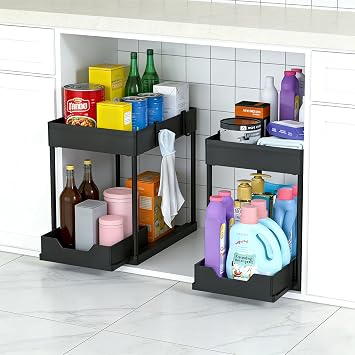 2 Pack Under Sink Organizer Bathroom, 2-Tier Multi-Use Kitchen and Bathroom Organizers and Storage with Sliding Drawers, 12.8 Inch Under Cabinet Organizers and Storage Black