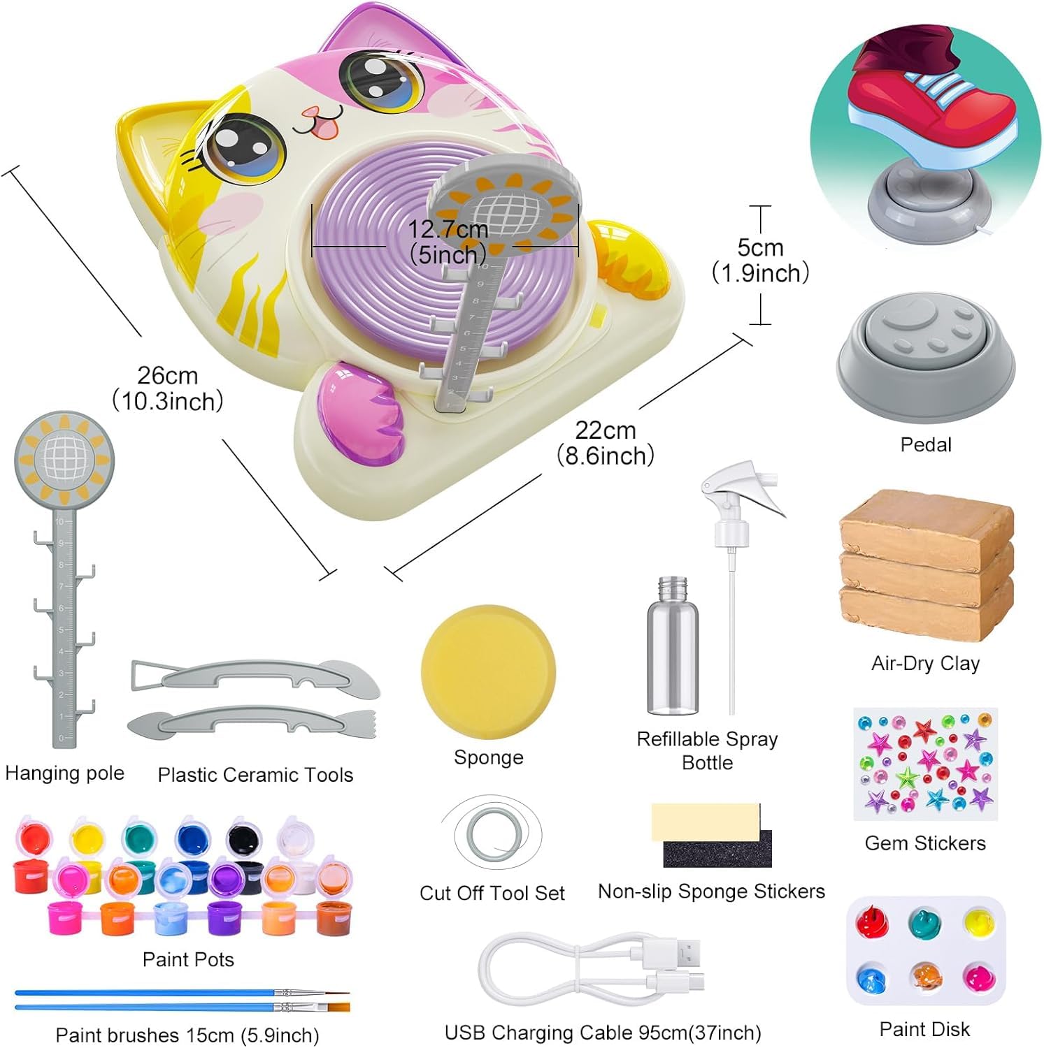 Töpferset für Kinder – Elektrische Mini-Töpferscheibe mit Ton, Farben, Werkzeug & Schürze – Kreatives DIY Keramik-Bastelset ab 6 Jahren im Katzendesign – Geschenkidee für Mädchen & Jungen