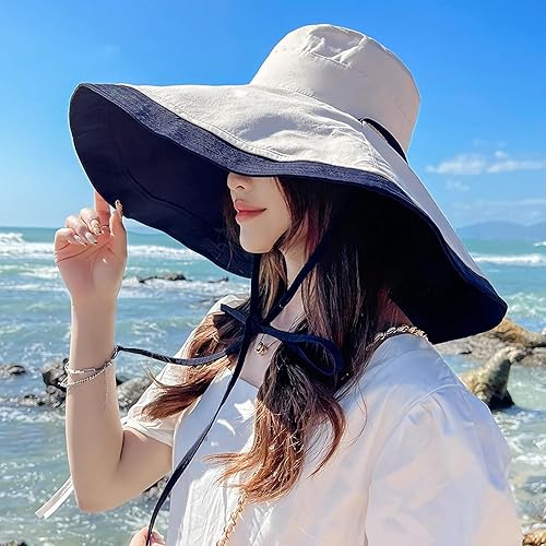 Miniatura 30 de Sombrero de sol de ala súper ancha para mujer, de algodón, plegable, reversible, con borde con cable, protección UV, verano, playa, viajes, jardín