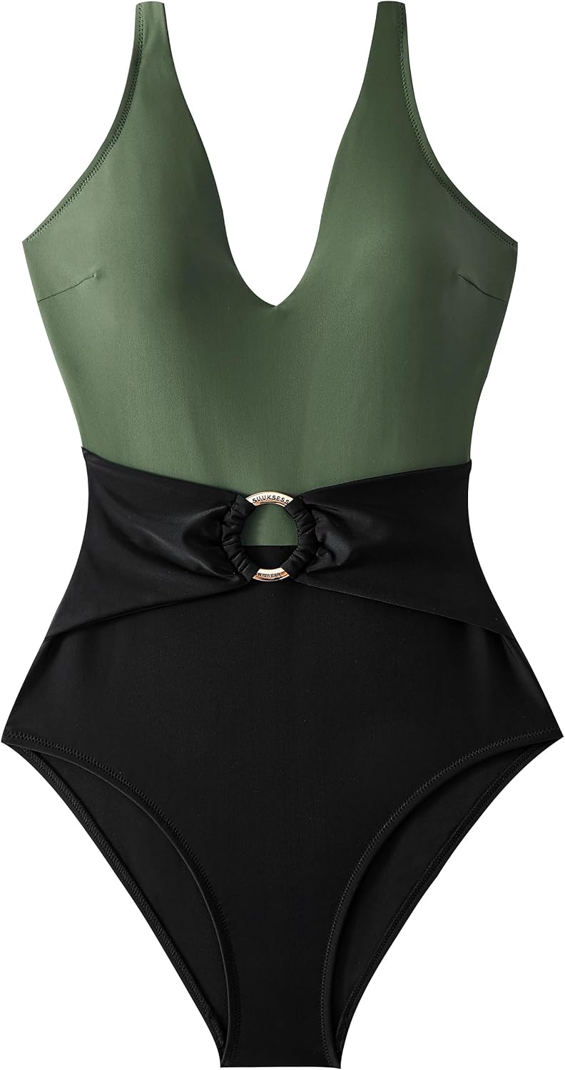 SUUKSESS Women Retro One Piece Swimsuit Metal Tummy Control V Neck Bathing Suit thumbnail