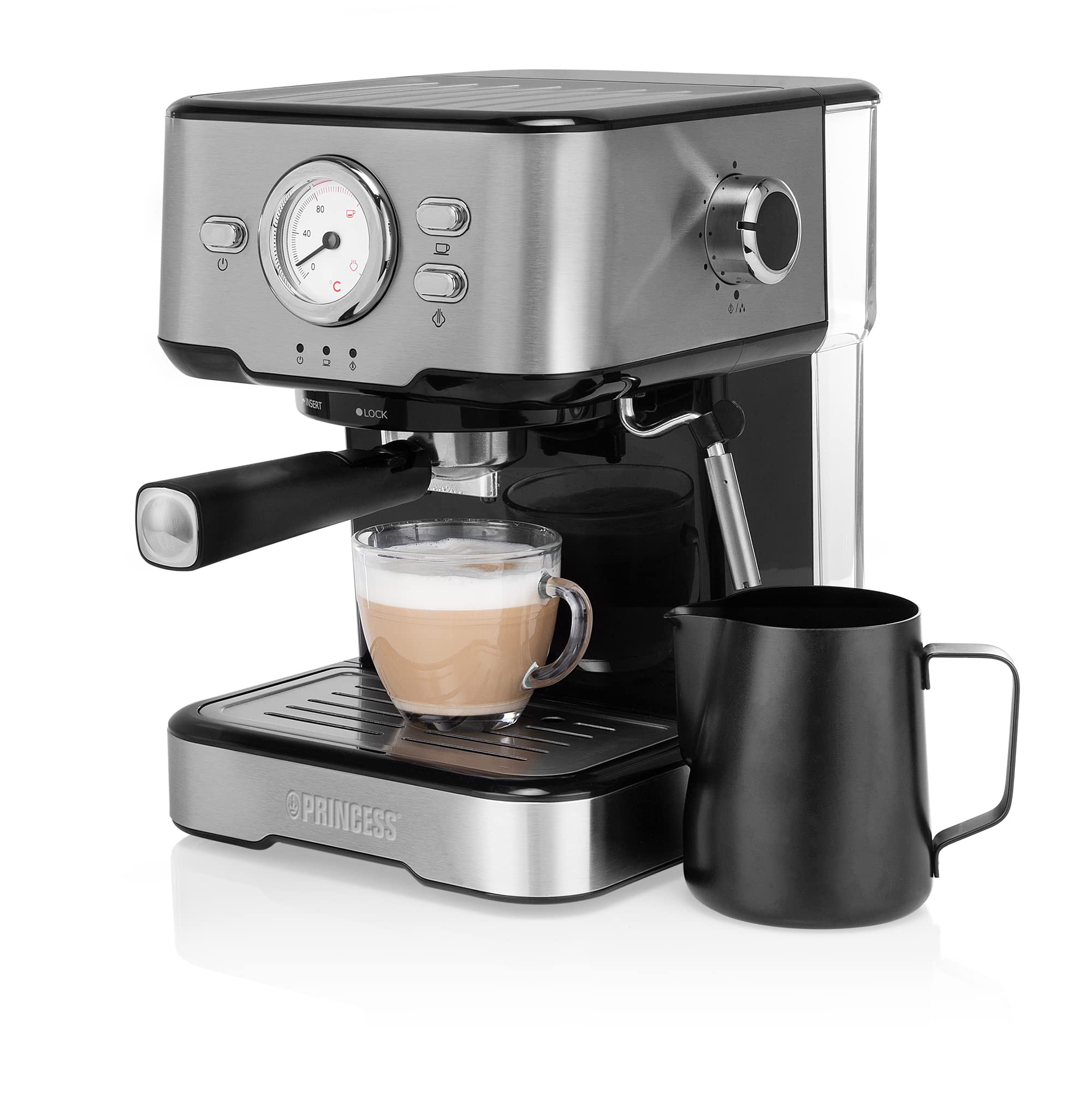 Princess 249412 Máquina de café para Espresso, Compatible con cápsulas Nespresso y café molido, 1 o 2 tazas, 20 bares de presión, Depósito extraíble de 1.5L, con espumador de leche, 1100 W
