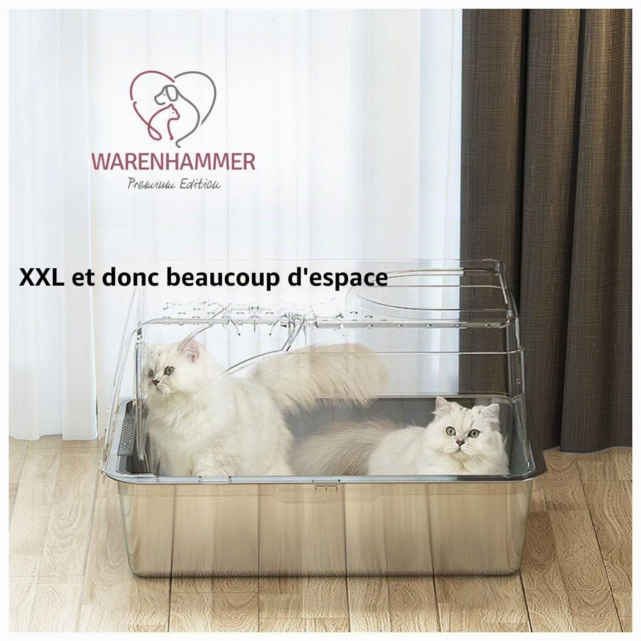 Litière pour chat - XXL Premium - Acier inoxydable avec couvercle - Grande ouverture avant - Litière pour chat avec pelle (l x L x H) : 62 x 41 x 40 cm