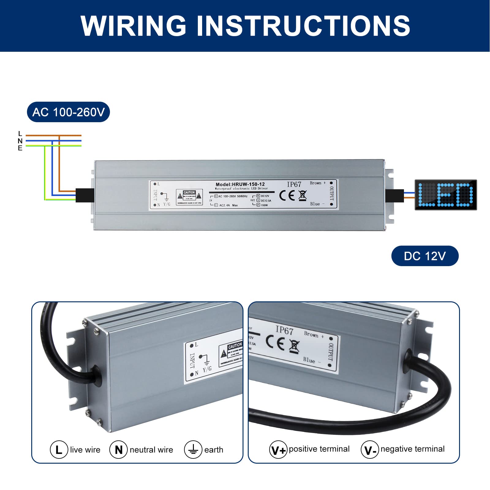 Transformateur LED 220V Vers 12V 150W VARICART - Alimentation Étanche IP67 Extérieur, Driver LED Constant, Pour Bande LED Et Éclairage Extérieur