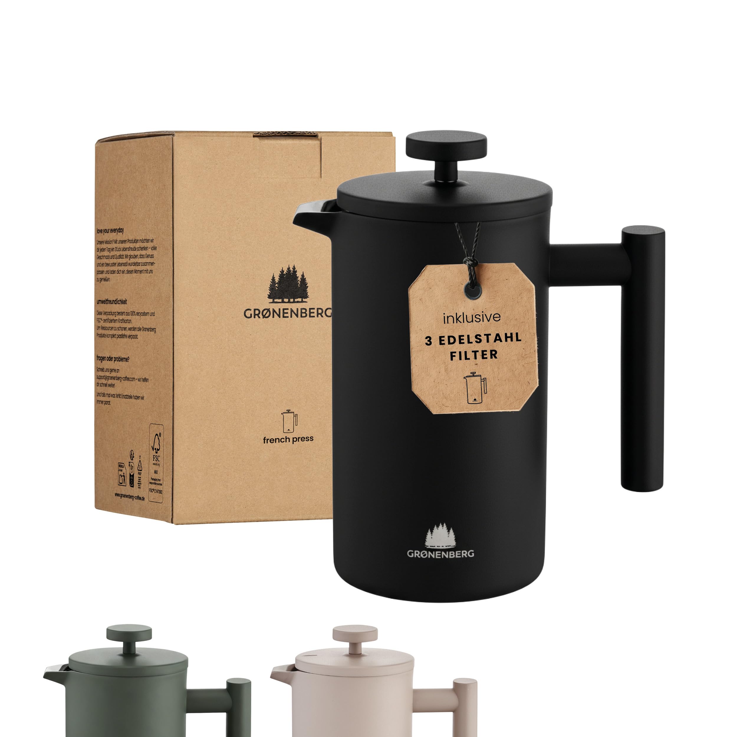 Groenenberg French Press bunt 600 ml o. 1 Liter I Hochwertige Kaffeepresse mit Thermo Warmhalte-Funktion I Edelstahl Kaffeebereiter