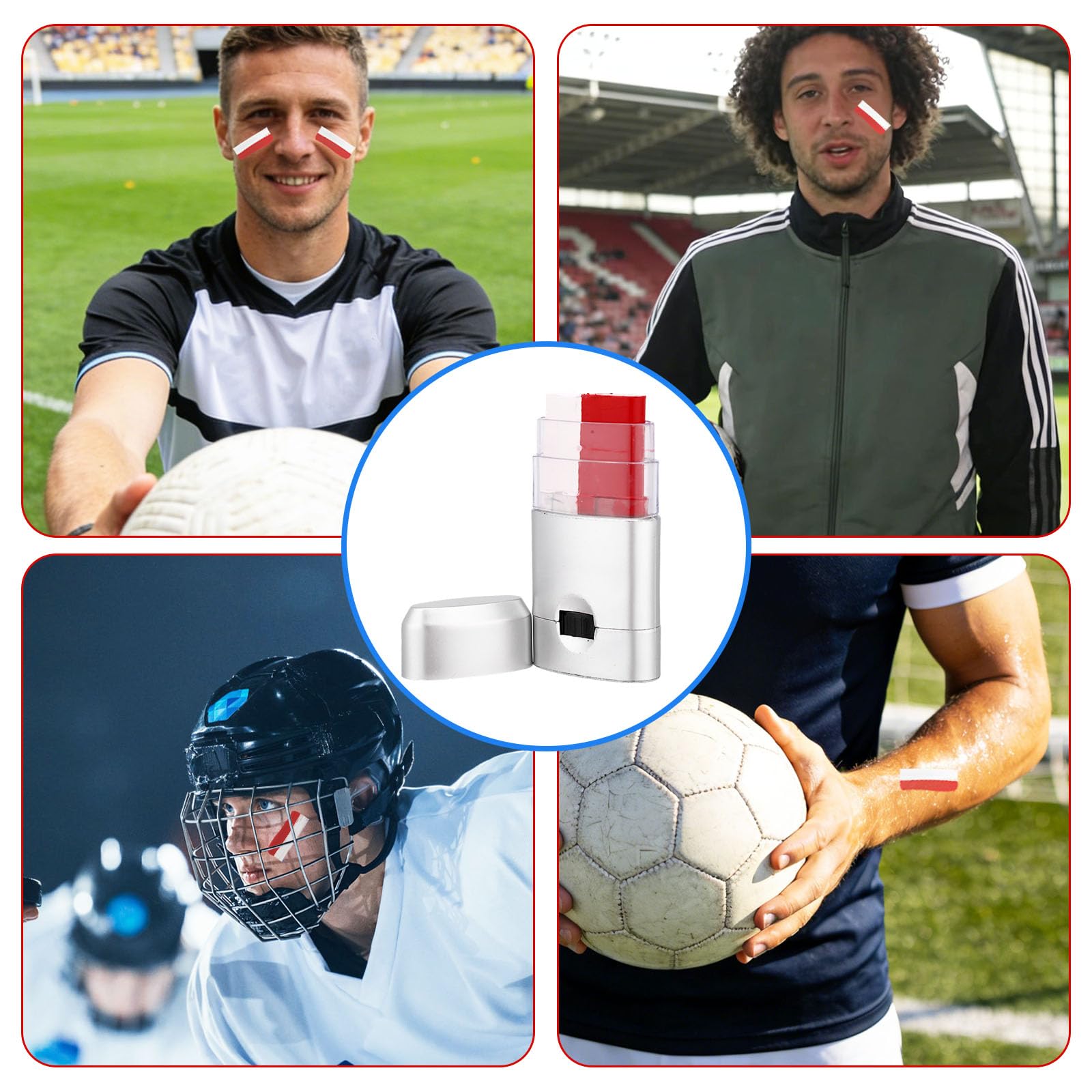 4szt Sportowy Sztyft Malowania Twarzy, Bezpieczna Ochrona Przed Oślepieniem 2-Kolorowa Farba Twarzy do Futbolu Nożnej Softballu Baseballu dla Dorosłych Sportowców (Czerwono-Biały)