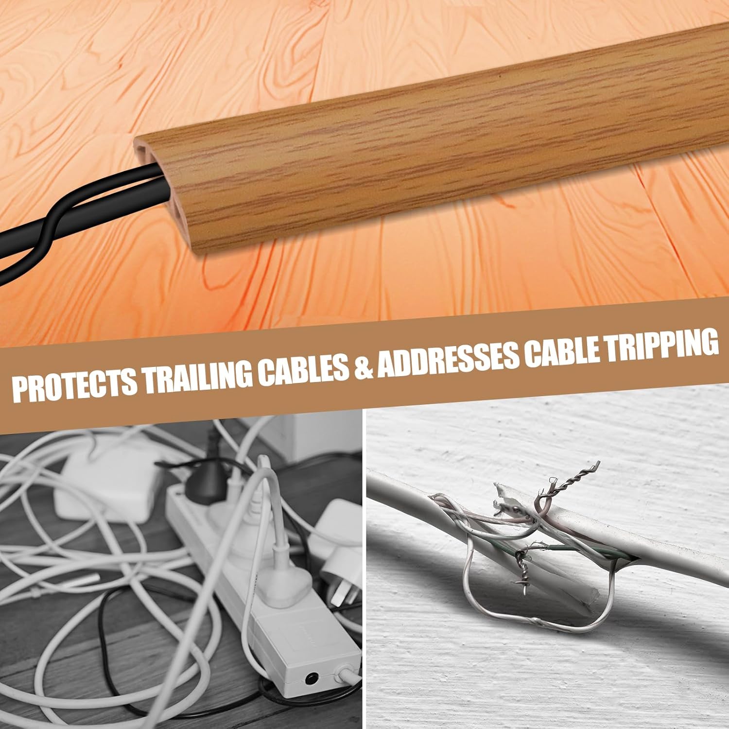 Floor Cord Cover Self Adhesive Cord Hider,10FT Cable Management, Extension Strip Protector for Wires, Prevent Cable Trips for Offices, Gyms, Exhibitions Cavity:0.39"(W) x 0.27"(H) Brown Wood