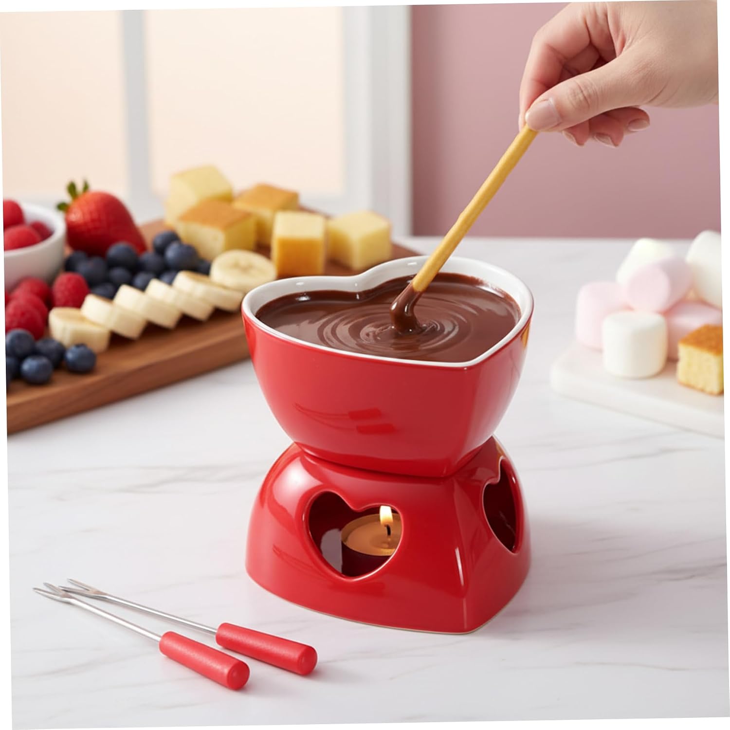 Fondue Mug Heart Shaped Ceramic Chocolate Melting Cup with 4 Forks 350ml/12oz Fondue Pot Set for Cheese, Butter, Caramel Chocolate Mug Cup Melting