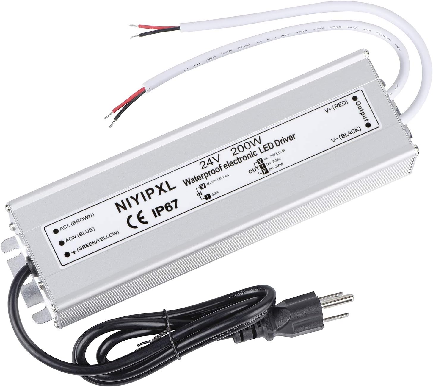 LED Driver 200 Watts 24V DC Low Voltage Transformer， Waterproof IP67 LED Power Supply, Adapter with 3-Prong Plug 3.3 Feet Cable for Any 24V DC led Lights, Computer Project, Outdoor Light