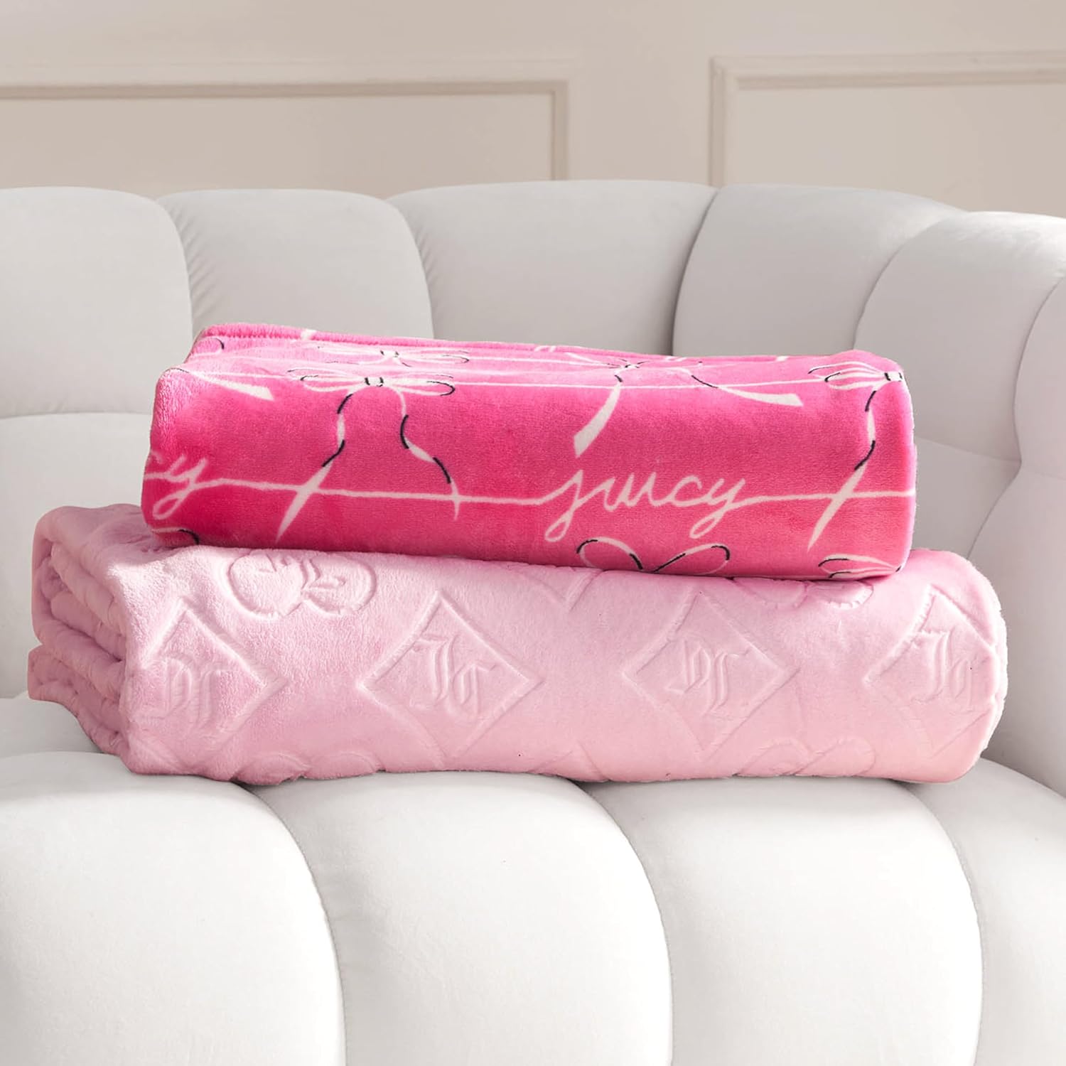 Juicy Couture Plush Throw Blanket Set - 2 Piece Set: 50" x 70" & 60"x 90", Royal Embossed/Bow - Image 5