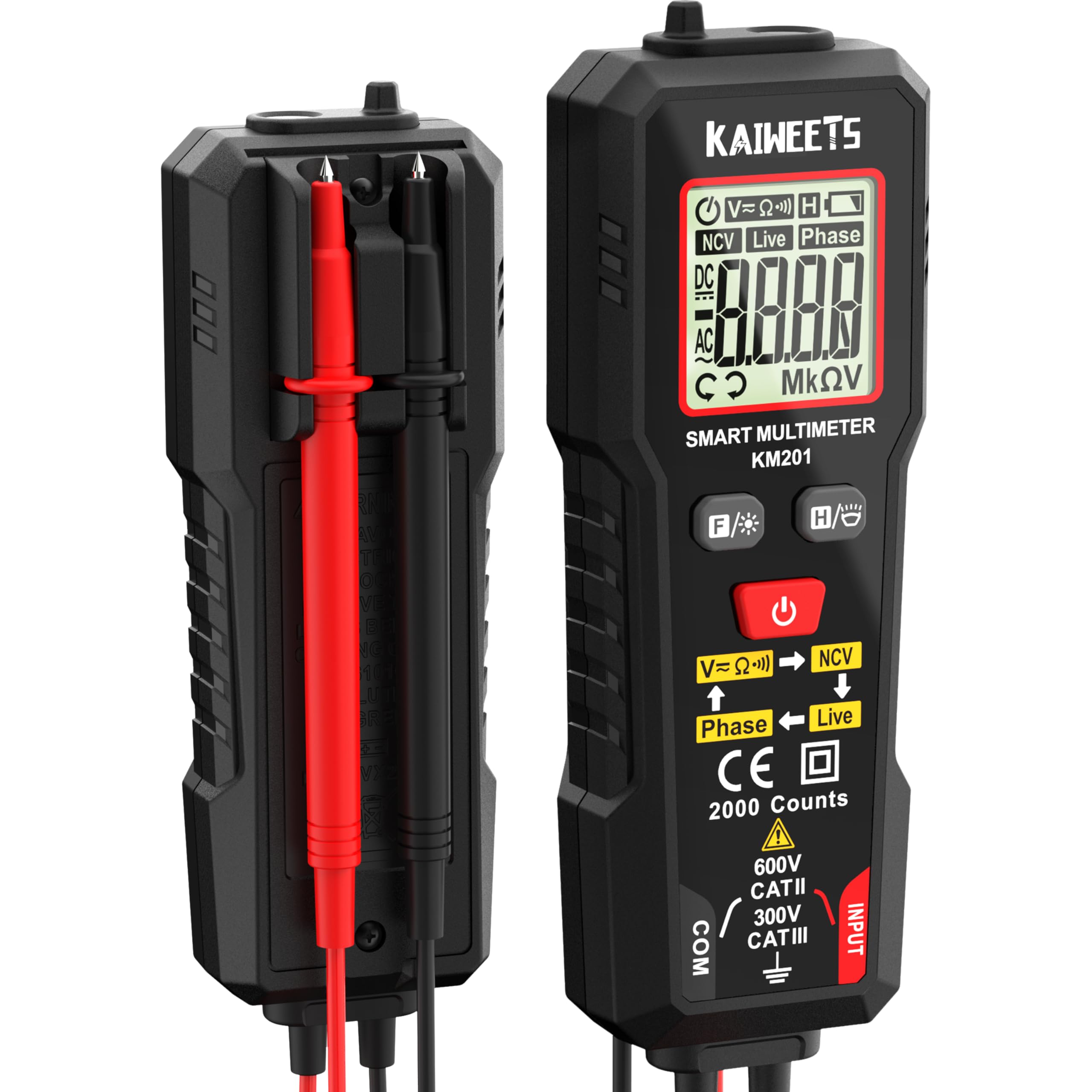 KAIWEETS Multimètre Numérique, Multimètre Auto, Mesure Intelligente, Multimètre Professionnel, Testeur Electrique, Voltmetre, Mesure de Tension CA/CC, Résistance, Continuité et Séquence de Phase