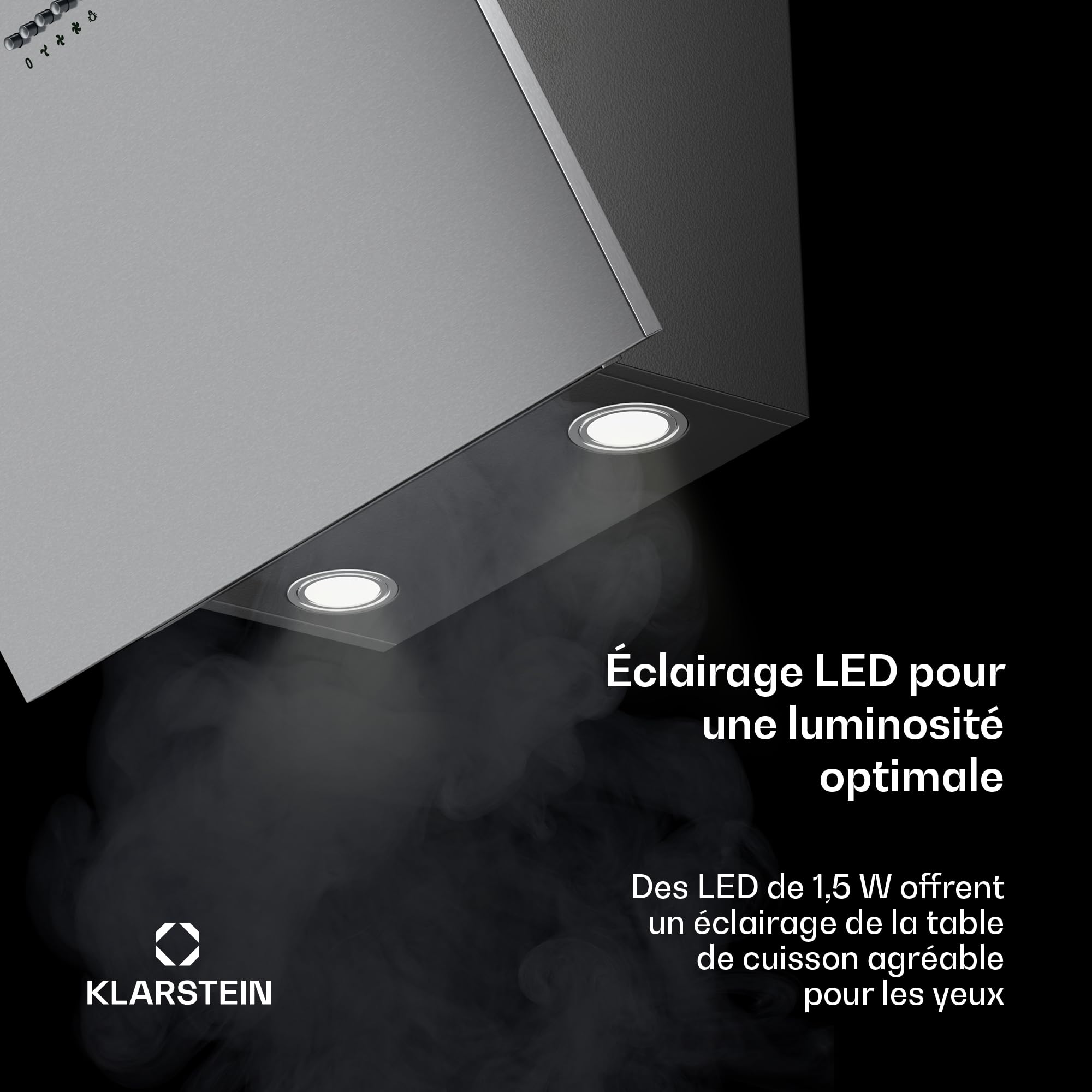 KLARSTEIN Silver Lining - hotte aspirante murale, classe A, mode recyclage ou évacuation de l'air, 600 m³/h, 3 vitesses, tactile, écran LED, hotte inclinée, 60cm - inox