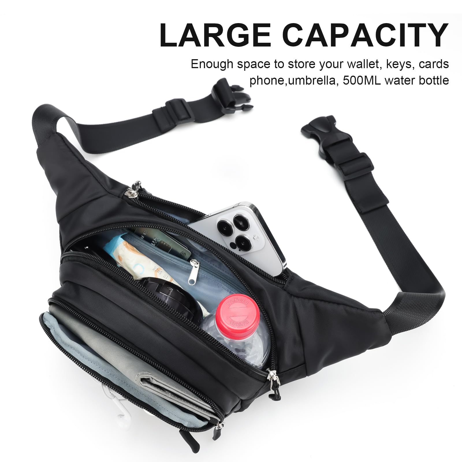 Riñonera para hombres y mujeres, talla grande, con correa extensora de 70 pulgadas, bolsa cruzada extragrande con cinturón ajustable, bolsa de moda para entrenamiento al aire libre, viajes, 3