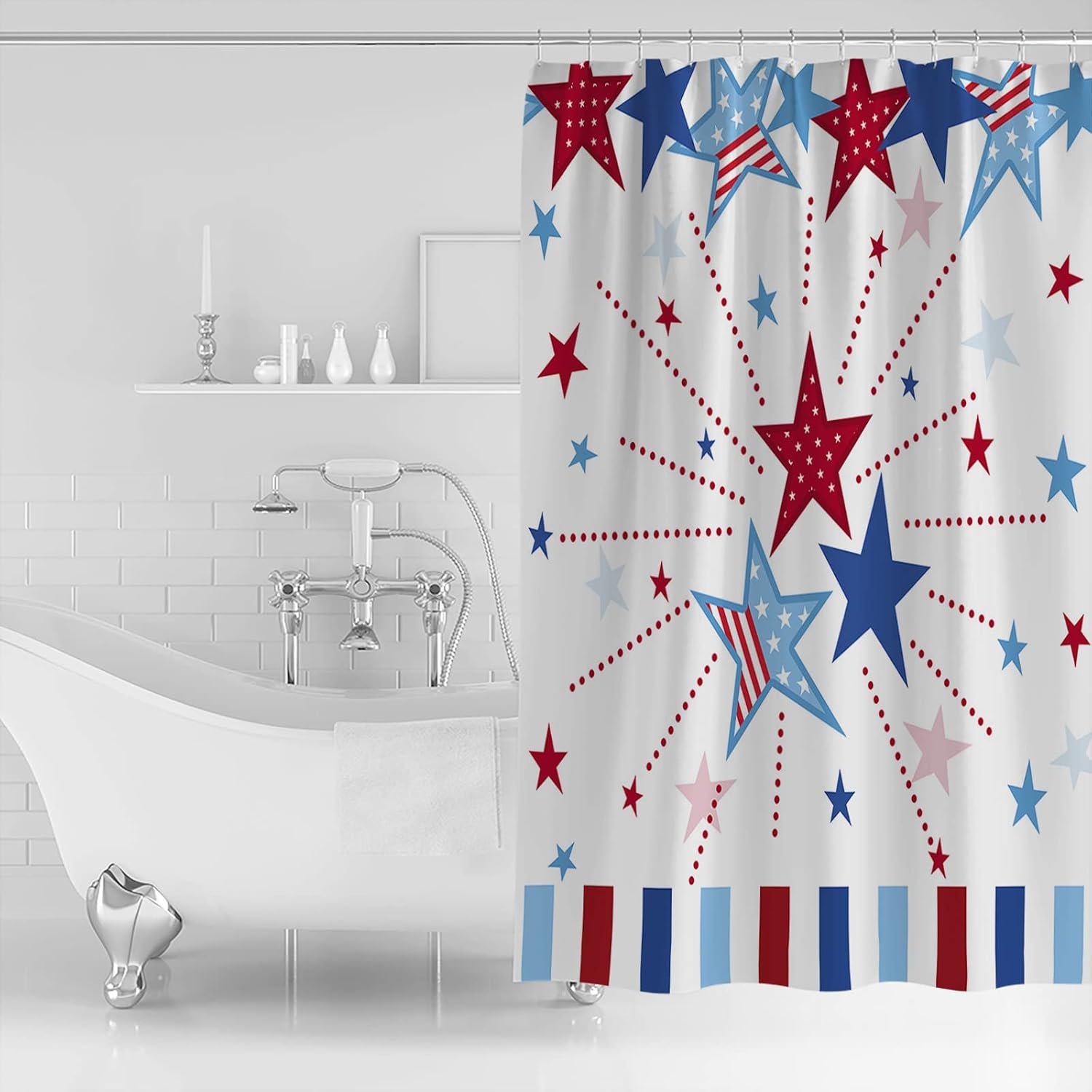 Waterproof Shower Curtain for Bathroom with Hooks,Fourth of July Independence Day LUE and Red Stars Polyester Fabric Shower Curtain Sets Machine Washable Bath Curtain, 48 x 72 inch
