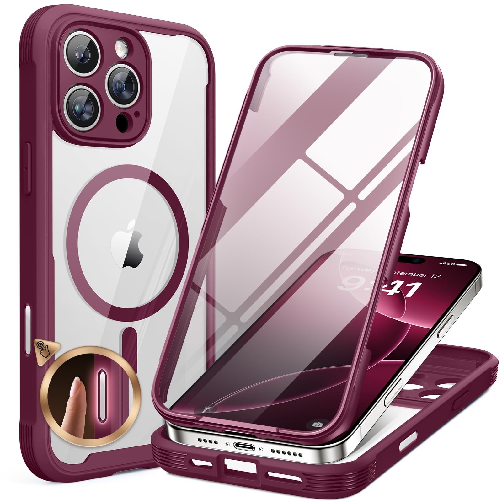Photo 1 of Miracase Magnetic for iPhone 16 Pro Case Full-Body Phone with Built-in Glass Screen Protector, [Compatible with MagSafe] Military Drop Proof 16 Pro Cover Bumper 6.3 inch, Plum
