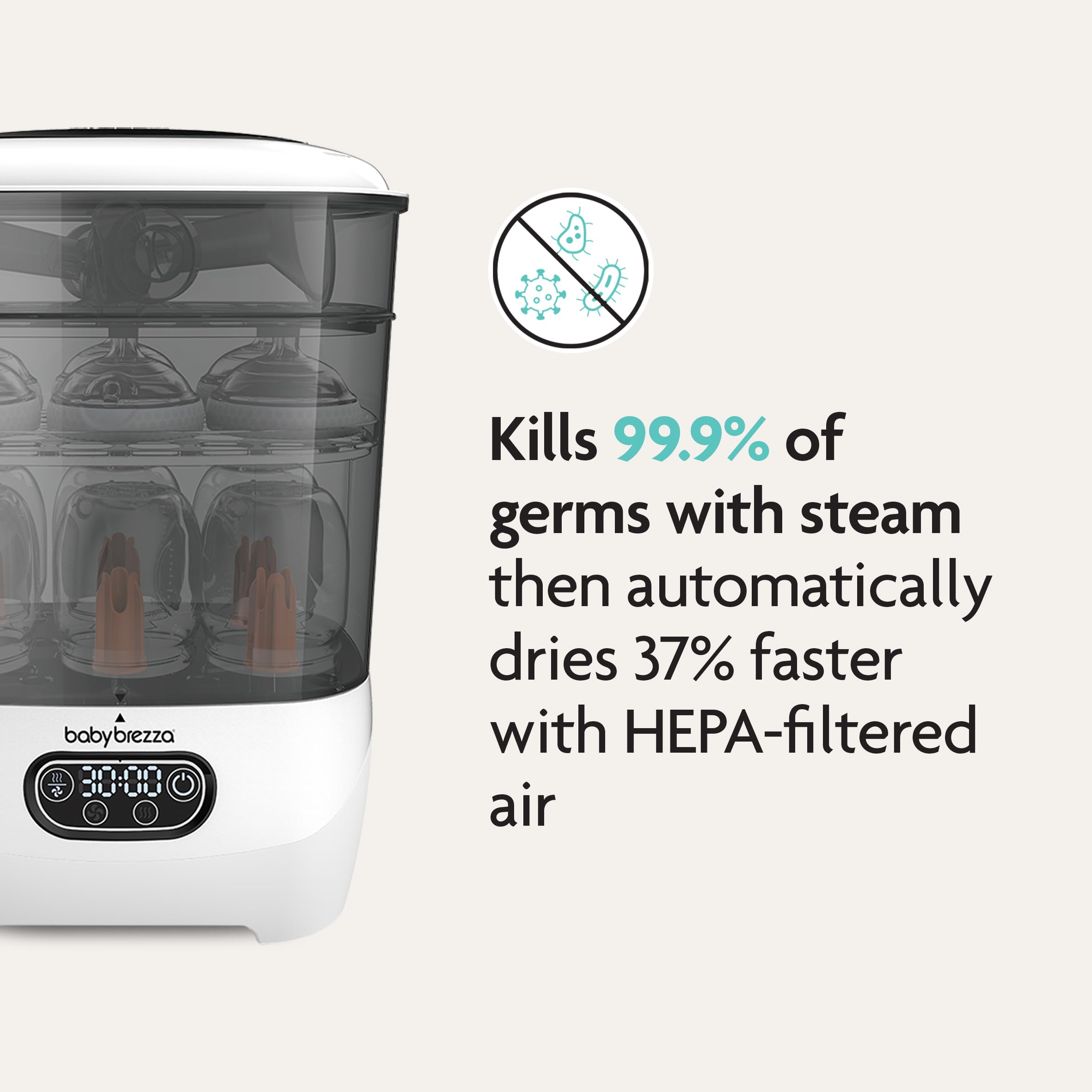 Baby Brezza - Sterilizer Dryer Advanced - Stérilisateur bébé pour Biberons – 33% plus rapide – Stérilisateur à vapeur grande capacité pour tous les biberons et pièces de pompe – Filtre à air HEPA