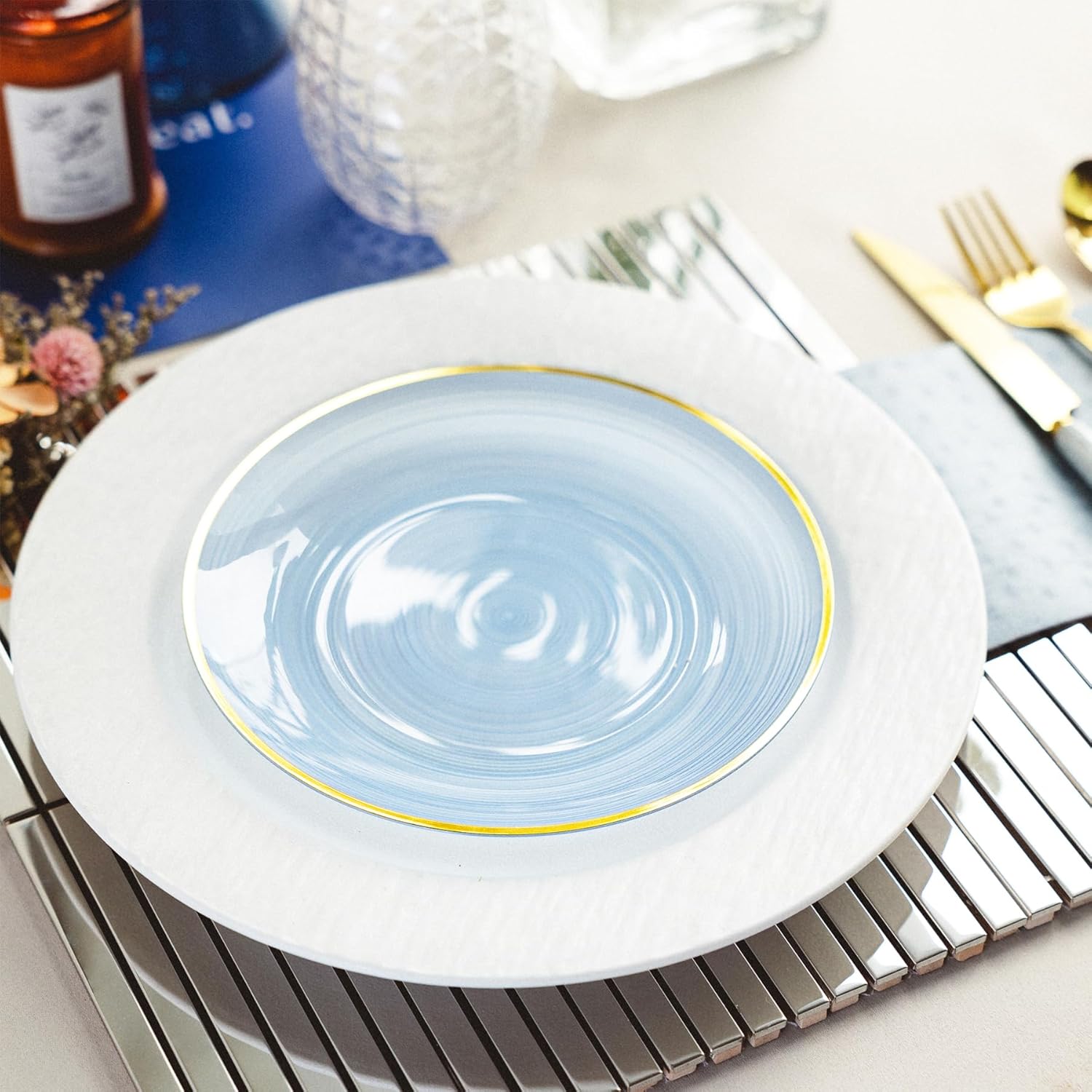 100PCS Transparent Blue Gold Plastic Plates, 7 Inch Heavy Duty Disposable Dessert Plate with Gold Rim, Round Appetizer/Salad Plates for Wedding, Party, Camping, Picnic - Image 3