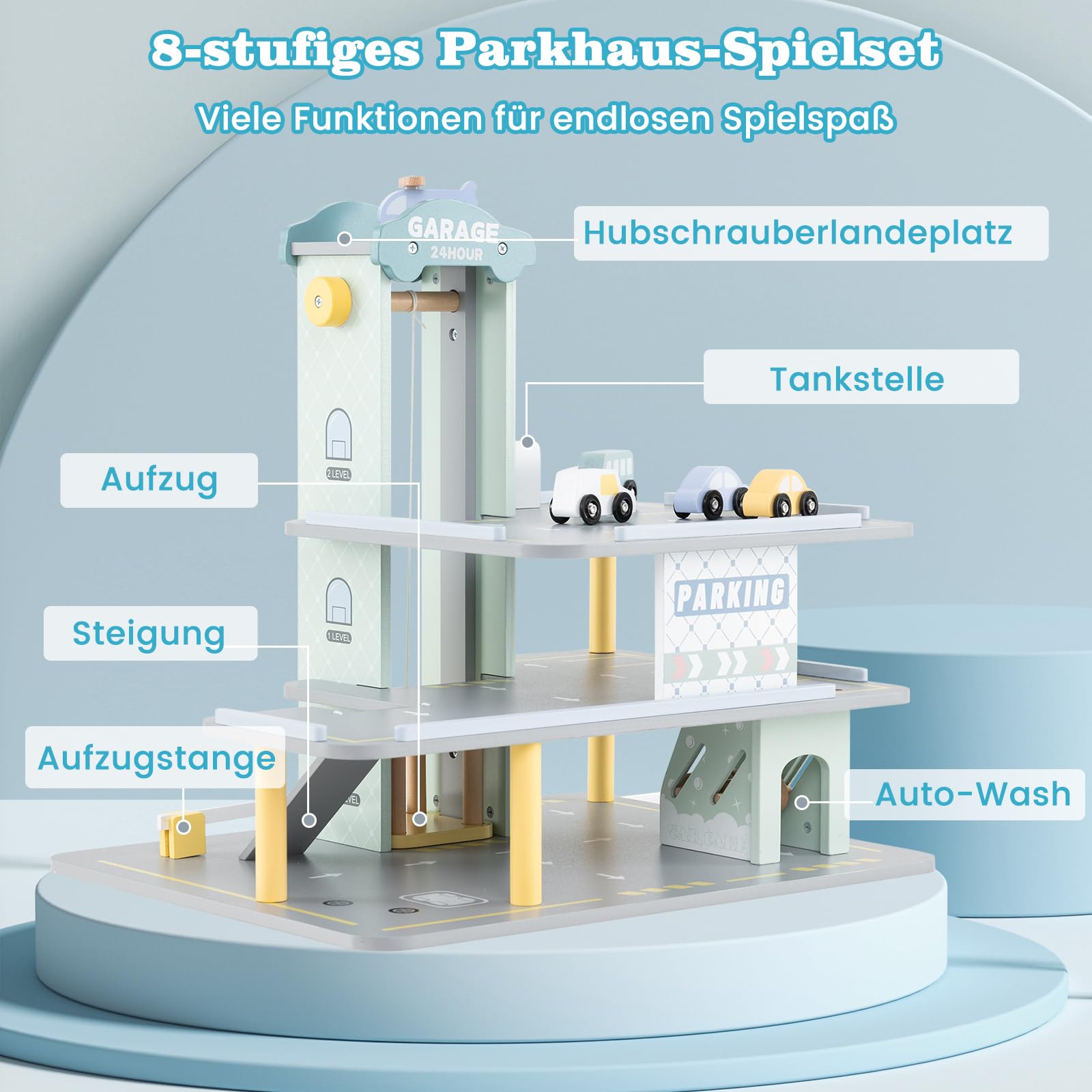 COSTWAY Parkhaus Holz, Parkgarage mit 3 Etagen & 4 Autos & Aufzug, Autogarage Spielzeug für Kinder ab 3 Jahren