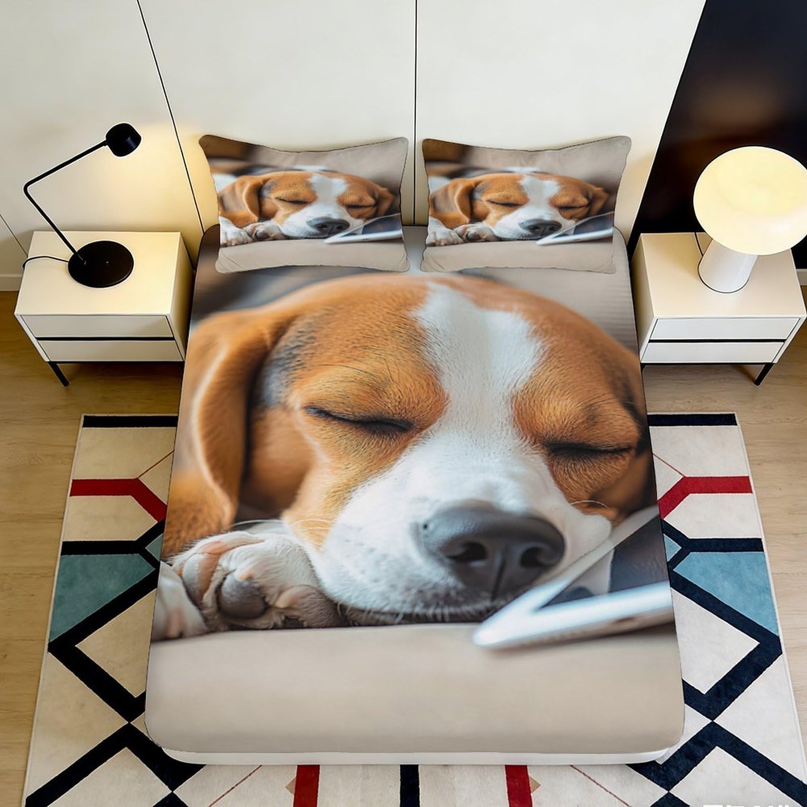 3D Printed Beagle Fitted Sheet, Soft Touch Microfiber, Wrinkle Resistant, Bed Cover for Bedroom or Guest Room Bedding, Dog Pattern, Easy Care, 118x200cm 90x200x25cm