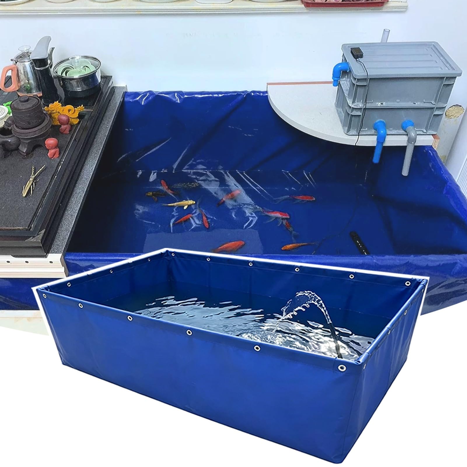Fischbecken mit großem Fassungsvermögen – Faltbares, rechteckiges, temporäres Koi-Zuchtbecken aus Segeltuch – Wasserspeicher für die Bewässerung im Garten und im Hinterhof(2x1x1.2m)