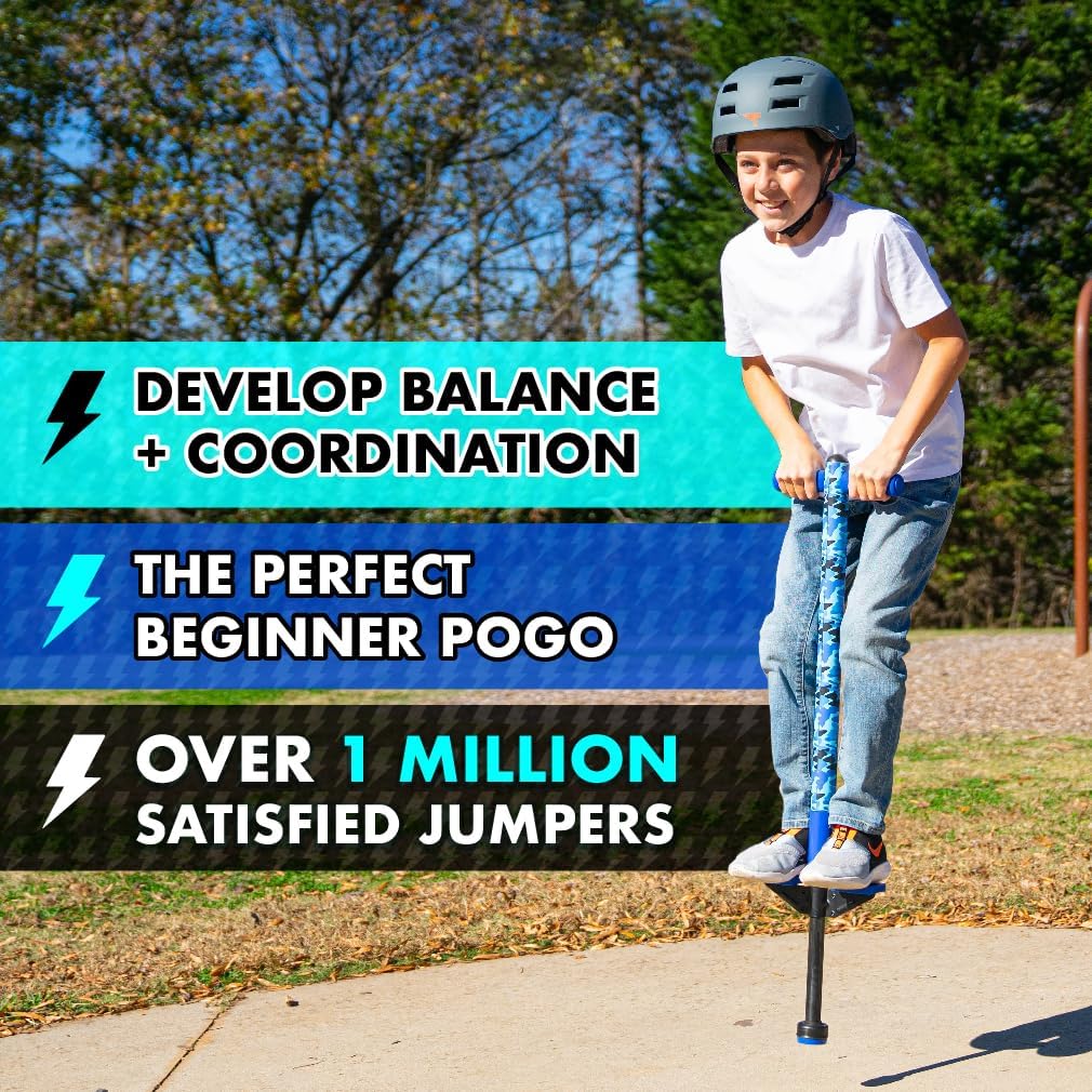 Flybar Pogo Stick for Kids, 40 to 80 Pounds, Perfect for Beginners, Easy Grip Foam Handles, Anti-Slip Foot Pegs, Outdoor Toys for Boys, Jumper Toys for Girls, Outside Toys for Kids (Jolt, Blue Camo)