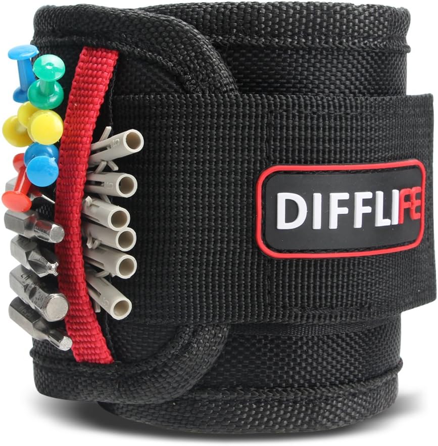 DIFFLIFE Magnetic Wristband, with 10 Strong Magnets for Holding Screws, Nails, Drilling Bits, Adjustable Wristband Tools with 2 Storage Pockets for Non-magnetic Perfect Gift for Men (Set of 1)