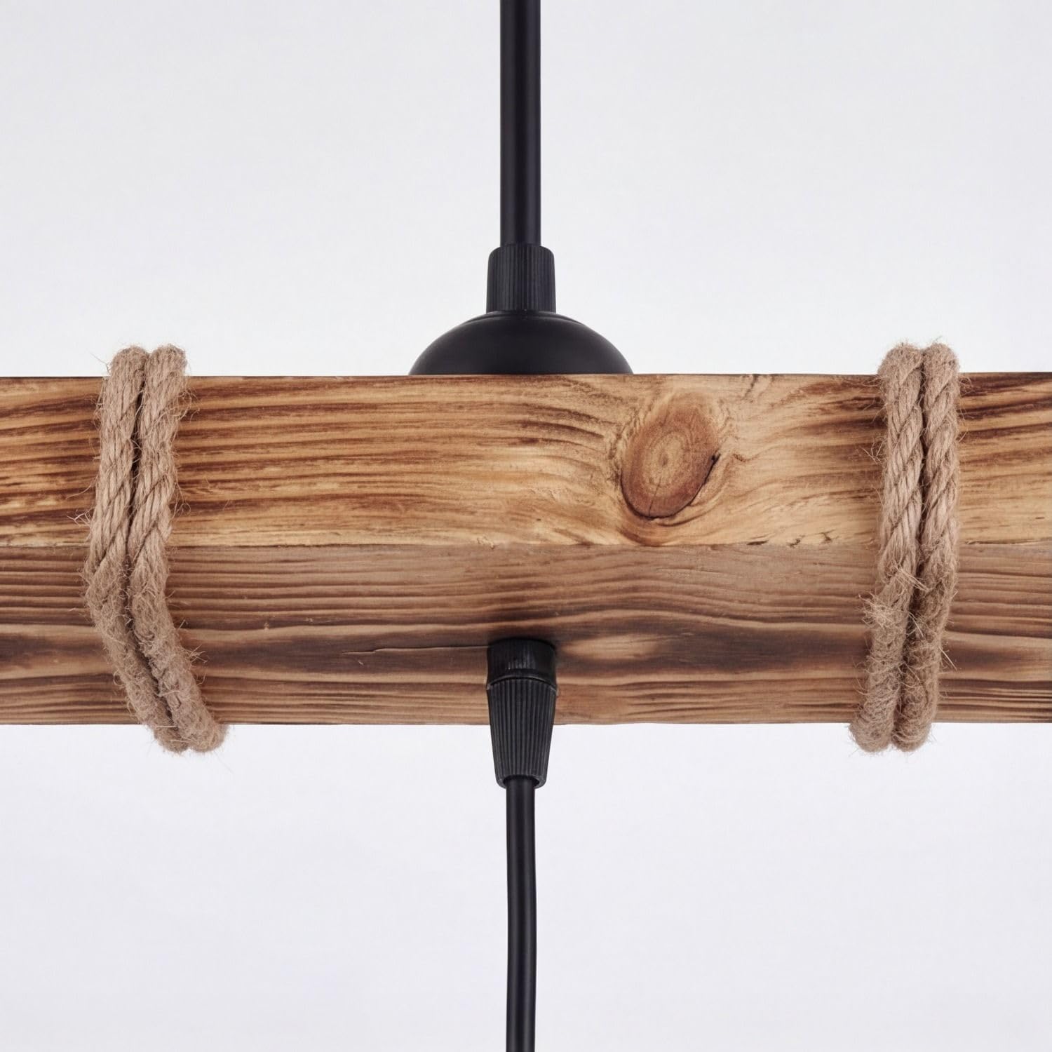 Licht-Erlebnisse Hängelampe Balken 49 cm breit H: max. 110 cm geflammtes Holz Balken Jute E27 3-flammig Modern Pendelleuchte Esszimmer Wohnzimmer