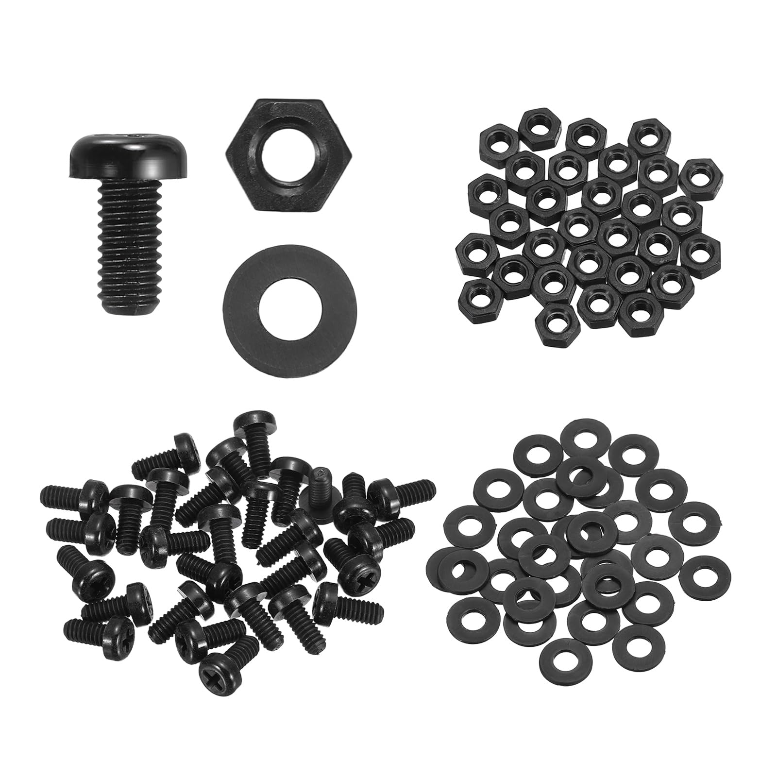 sourcing map 30 Set M4x8mm Nylon PA66 Plastic Cross Round Head Screw Phillips Bolts Hex Nuts Flat Washers Assortment Kit, Metric Full Thread Bolt Fasteners for DIY Machine Assembly, Black โ image 1