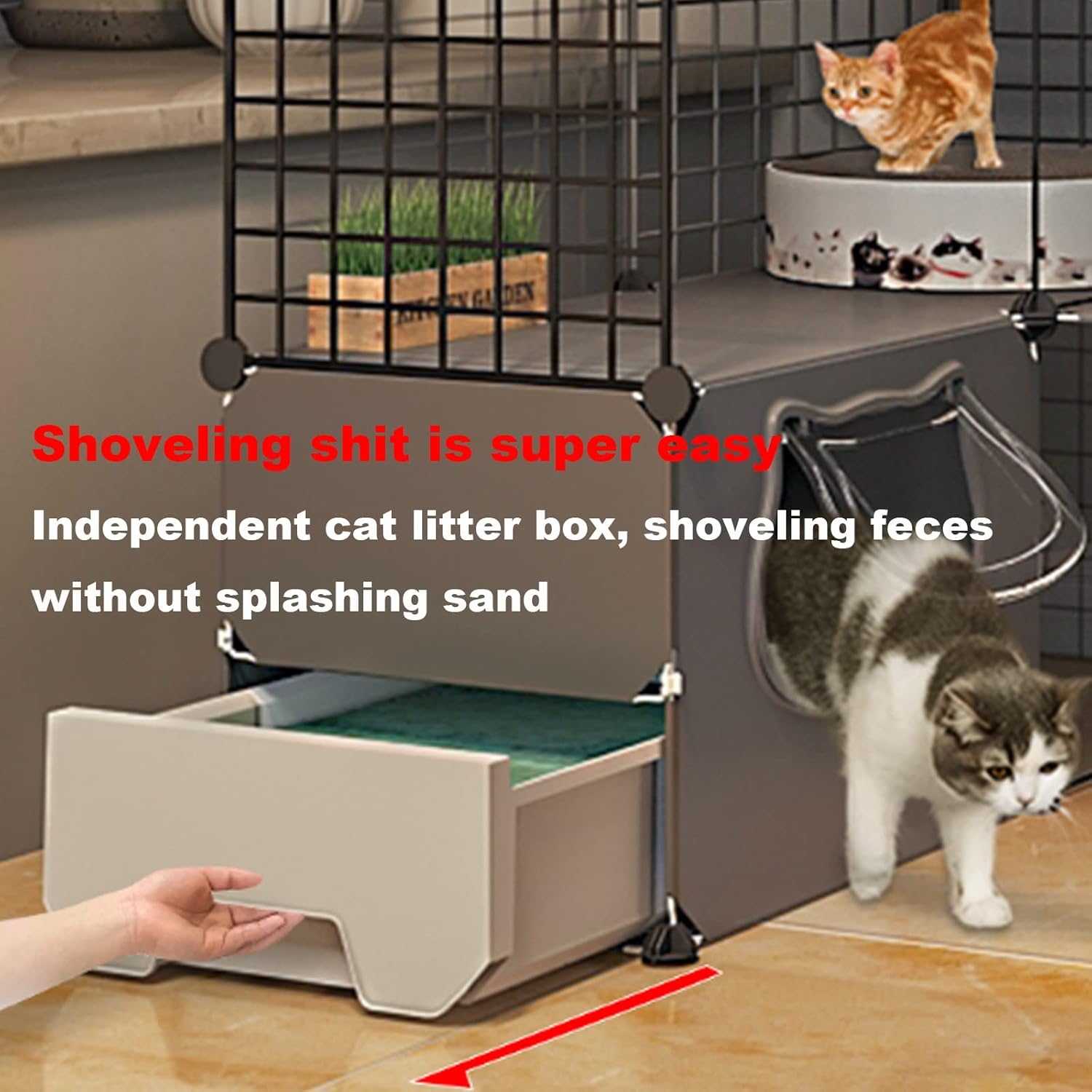 Multi-Story Cat House with Drawer Toilet Cat Cages Indoor Large Pet Crate Detachable Extra Large Cat Playpen Cat Enclosures DIY Kennels Crate, Large Space (C 75 * 95 * 145Cm)