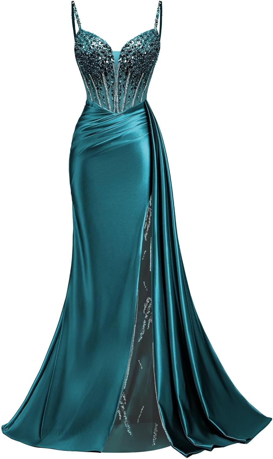 Mermaid Beaded Prom Dresses with Slit Spaghetti Strap V-Neck Sequin Evening Gown Lace Applique Satin Formal Dress