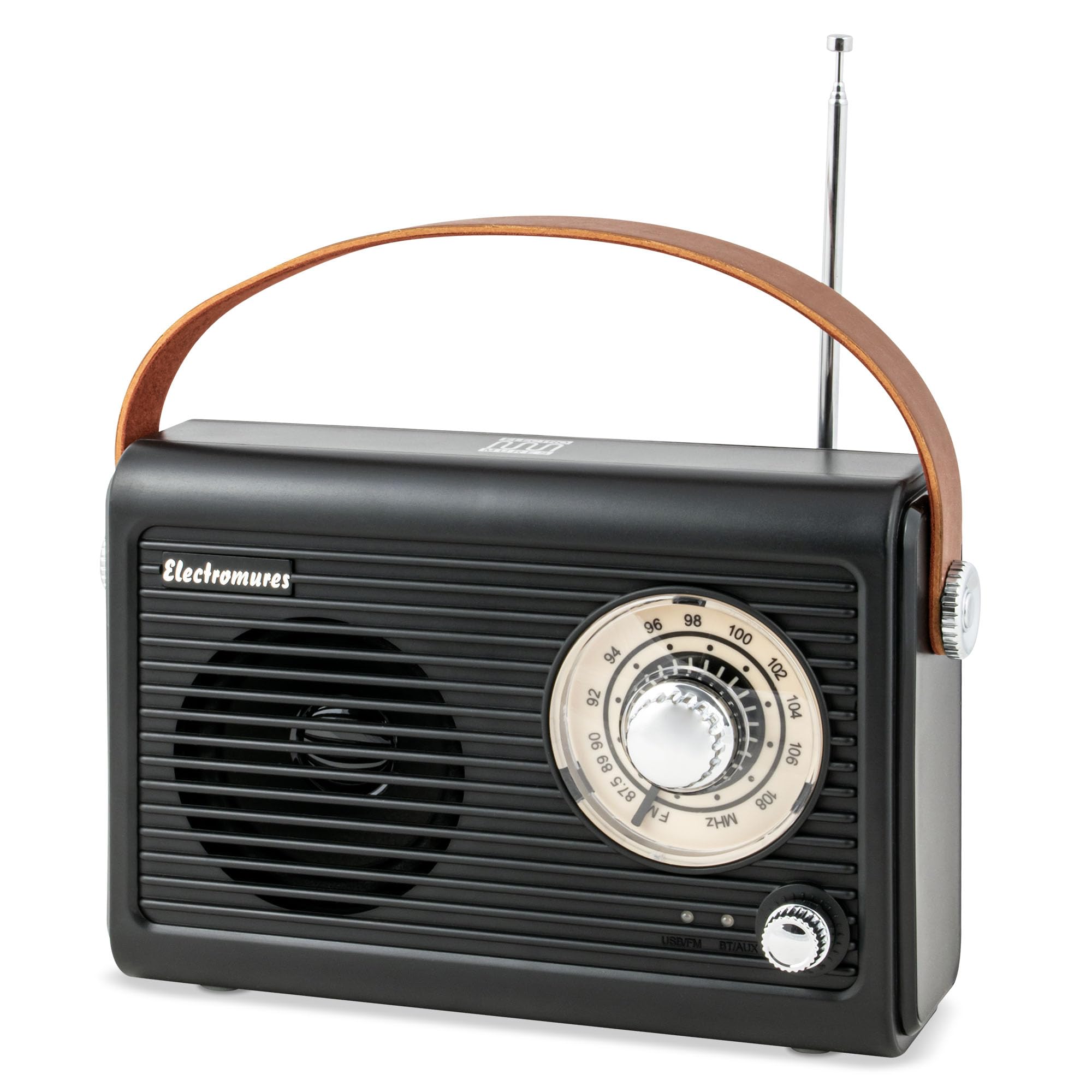 EM 1005 Schwarz, Retro Radio mit Bluetooth 5.3, Tragbares FM UKW-Radio, Vintage Design mit Ledergriff, Teleskopantenne, USB-C wiederaufladbar, USB/AUX Musikbox Nostalgie Geschenk
