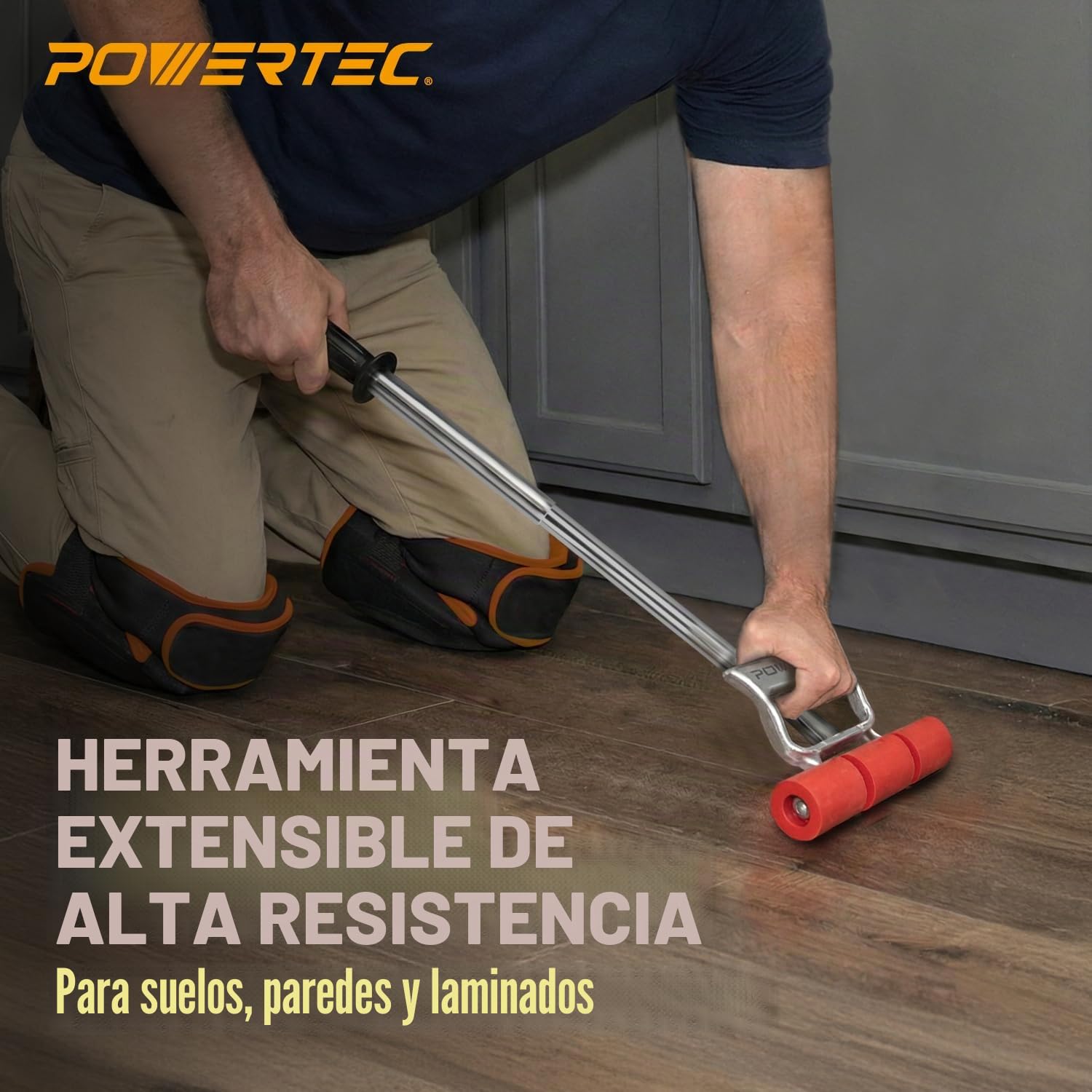 POWERTEC Rodillo Suelos de Vinilo, Azulejos y linóleo con Mango Extensible, 7.5 Pulgadas de Ancho para LVP, Chapa, Alfombra, revestimientos de Pared, 1 Paquete (71033), Plata/Rojo, 17"-27" Extendable