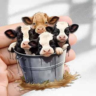 Cute Calves in Bucket Acrylic Refrigerator Magnet - Farm Animal Decor for Fridge, Locker, Whiteboard | Gift for Cow Lovers, Farm Fans/BXT-X93