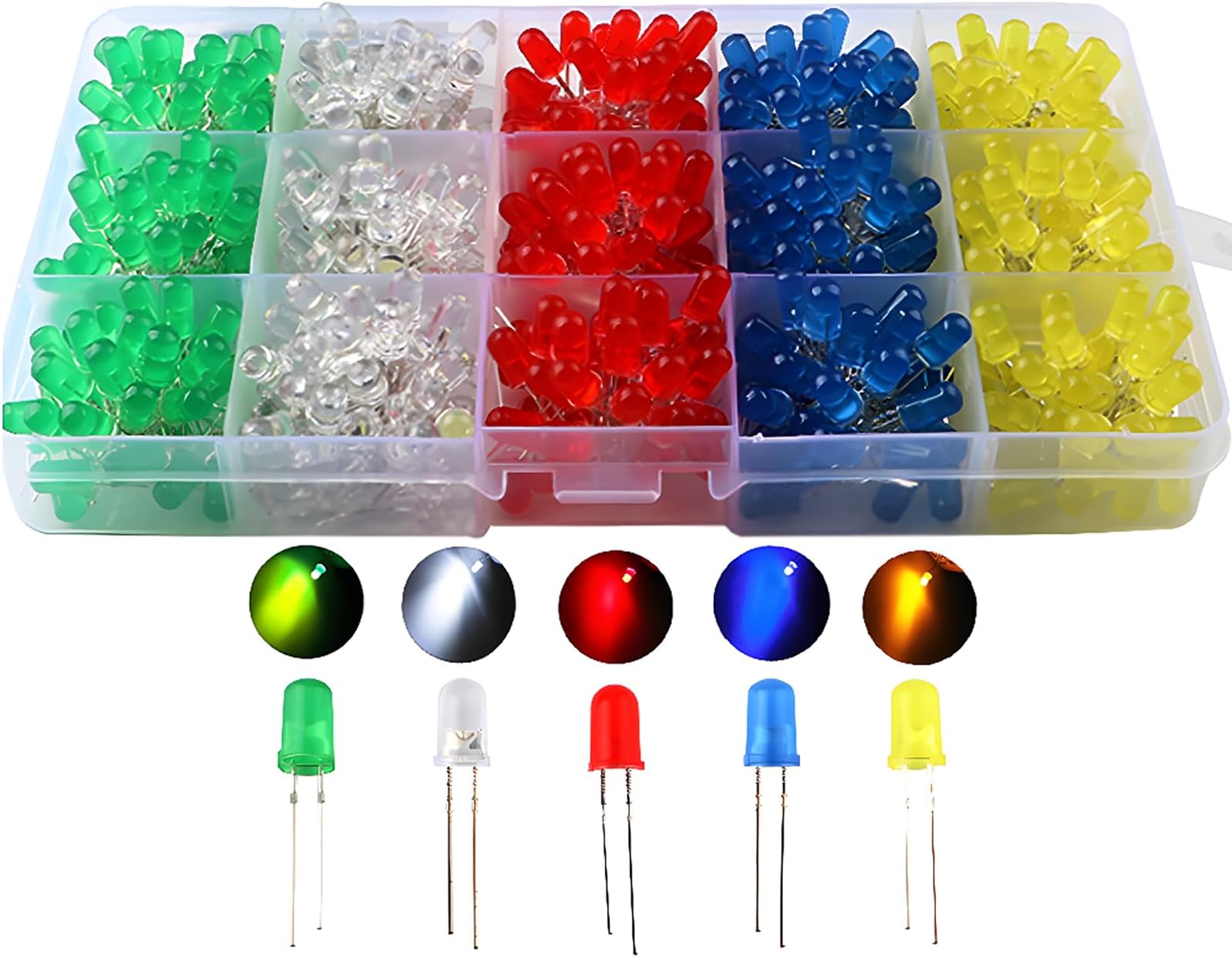 CESFONJER 500pcs x 5mm Light Emitting Diode, Diffused 2pin Round Color White/Red/Yellow/Green/Blue Kit Box (5 colors x 100pcs)