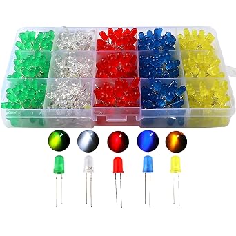 CESFONJER 500pcs x 5mm Light Emitting Diode, Diffused 2pin Round Color White/Red/Yellow/Green/Blue Kit Box 5 colors x 100pcs