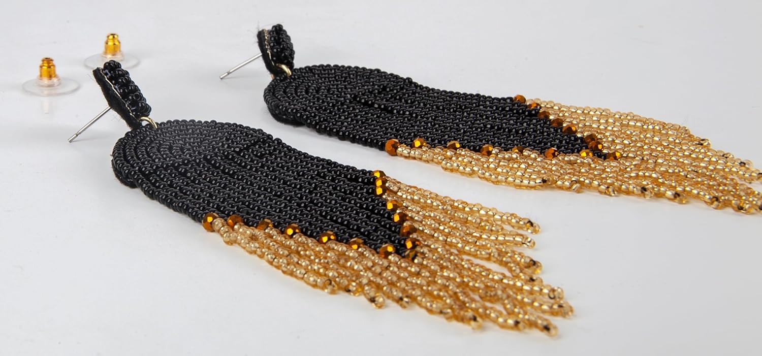 SPUNKYsoul Handmade Beaded Boho Earrings, Ombre Mixed Metallic Seed Bead Long Fringe Statement Earrings, Jewelry for the Modern Bohemian Women (BLACK & GOLD) - Image 6