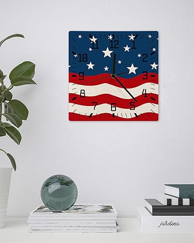 Miniatura 3 de 4th of July Wooden Wall Clock Silent Non Ticking, Wave American Flag Star Independence Day Square Wall Clock Battery Operated, Decor Clock for Home