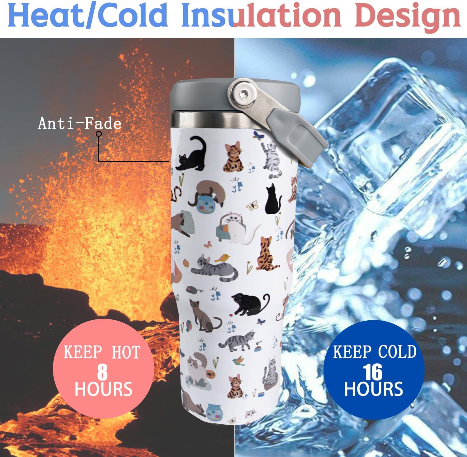 30oz Cat Tumbler with Handle and Straw, Reusable Stainless Steel Insulated Leak Proof Travel Coffee Mug, Cat Gifts for Women - Image 4