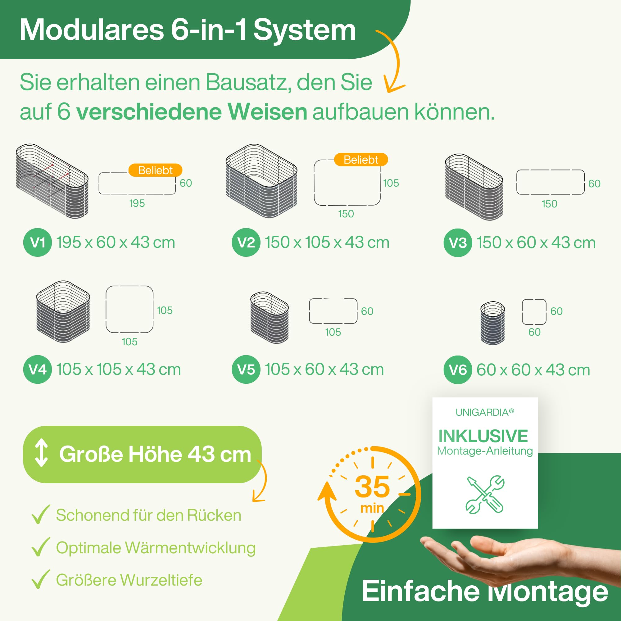 UNIGARDIA Bancal de Metal 195 x 60 x 43 cm – Kit Modular 6 en 1 – bancal Elevado Inoxidable para jardín de Acero Zn-Al-MG Vida útil mínima de 20 años – 43 cm de Alto, huerto Verde