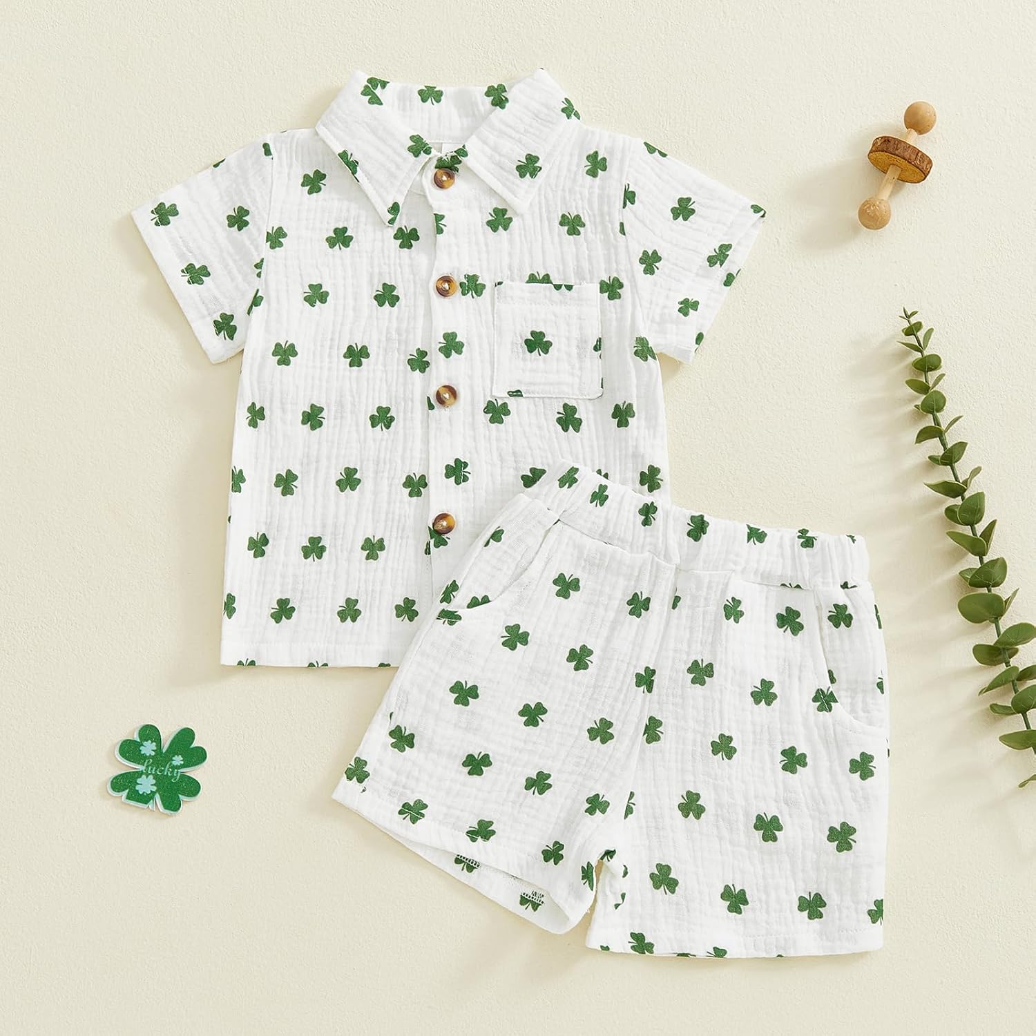 Toddler Baby Boy St Patricks Day Outfit Clover Button Down Short Sleeve Muslin Shirt Top and Shorts Set Irish Clothes - Image 6