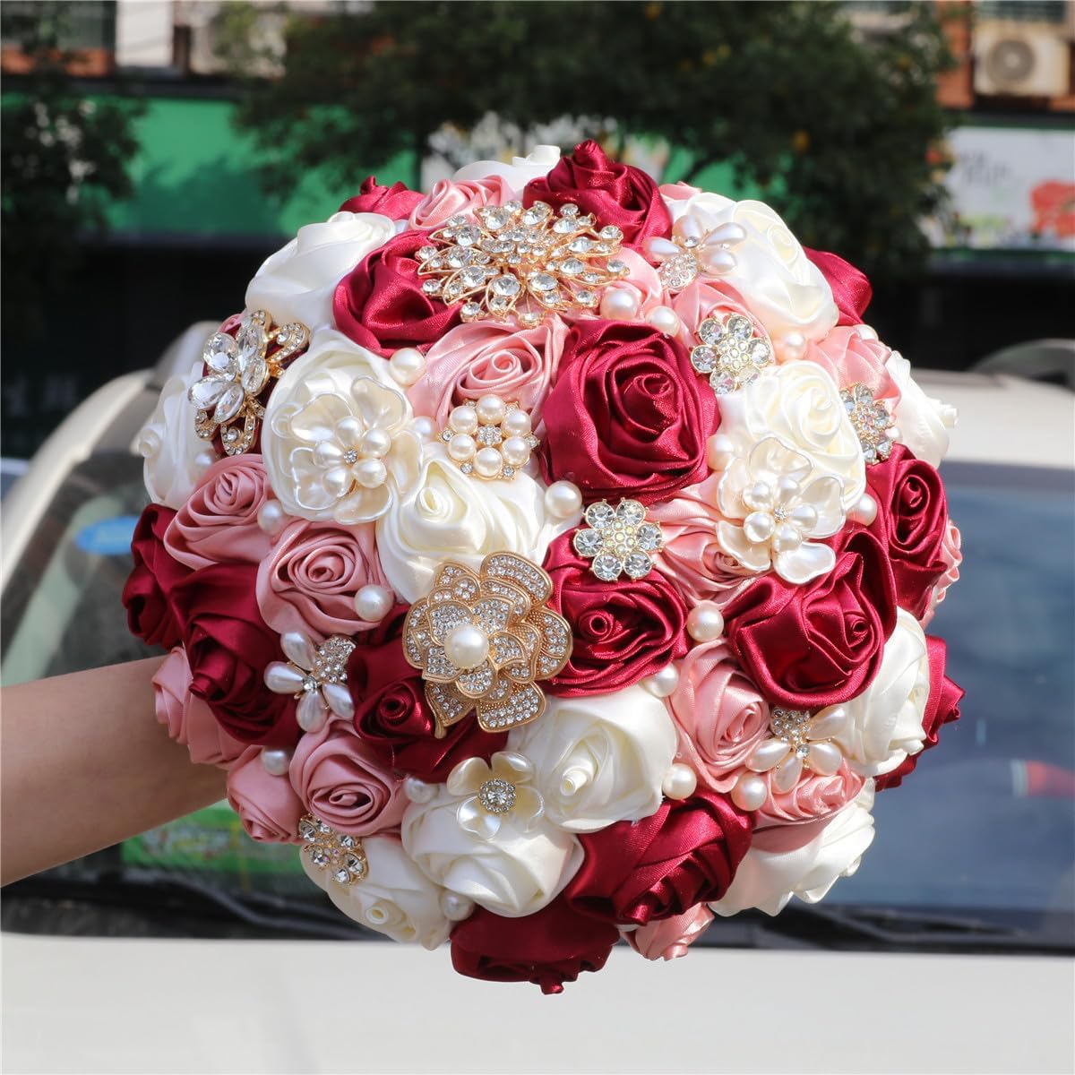 Handmade Satin Rose Bridal Wedding Bouquet with Pearl Rhinestone Embellishments in Pink Red and White 8.7Inch