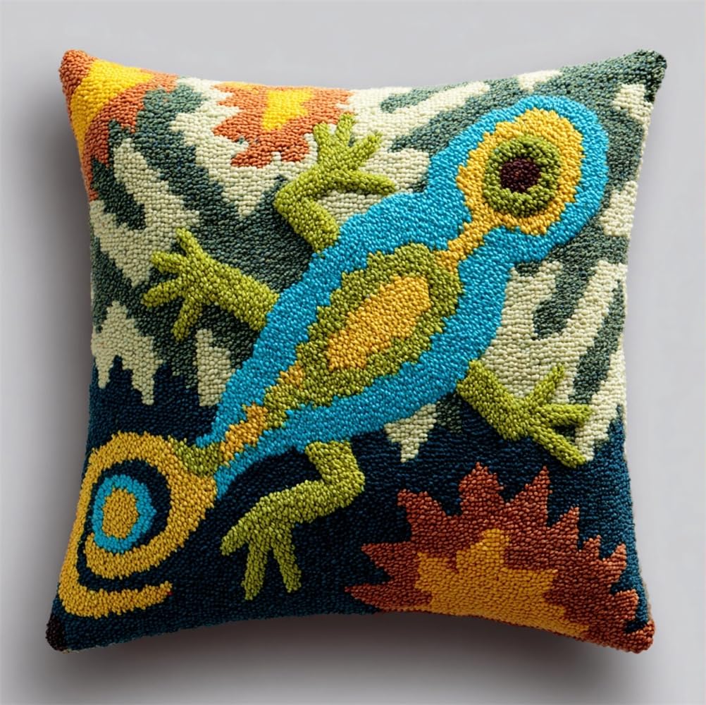 kitphoenix Latch Hook Cushion Kits Lizard Pattern Latch Hook Pillow Case Kits Embroidery Kits 17X17Inch DIY Needlework Pillow Cover Sofa Cushion Rug Making Kits, DIY Craft Kits 17X17Inch