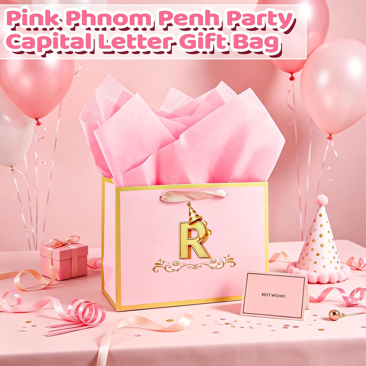 FUNCANDLE Birthday Gift Bag,Personalized Pink Gold Gift Bags for Women & Girls,Medium Gift Paper Bags with Card and Tissue Paper for Birthday Wedding,Party,Baby Shower,Valentine's Day(Pink R) image 4